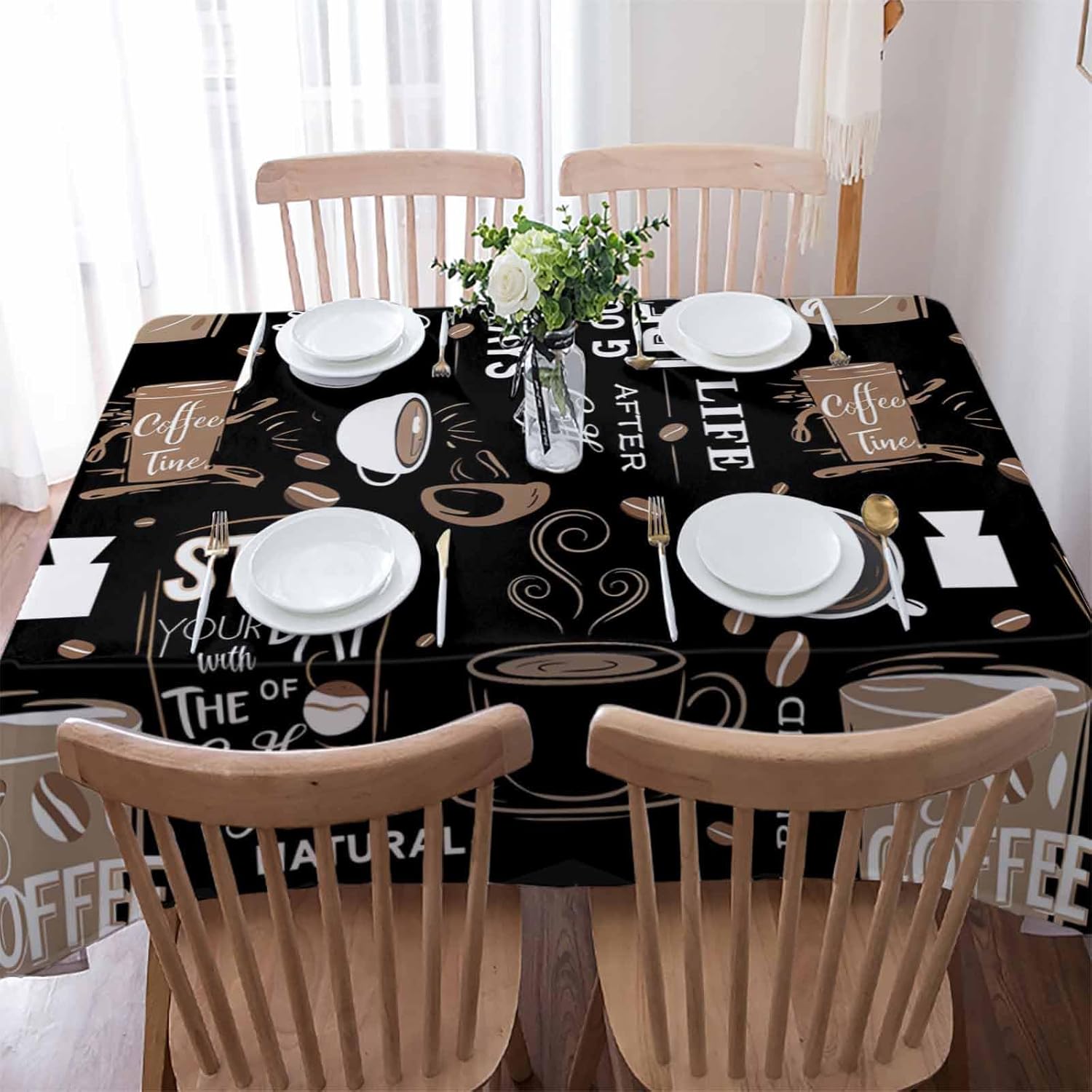 Rectangle Waterproof Table Cloths Cartoon Theme Coffee Cup Beans Tablecloths Topper Cover Brown Black Kitchen Dining Tablecloth for Indoor Outdoor Wedding Tables