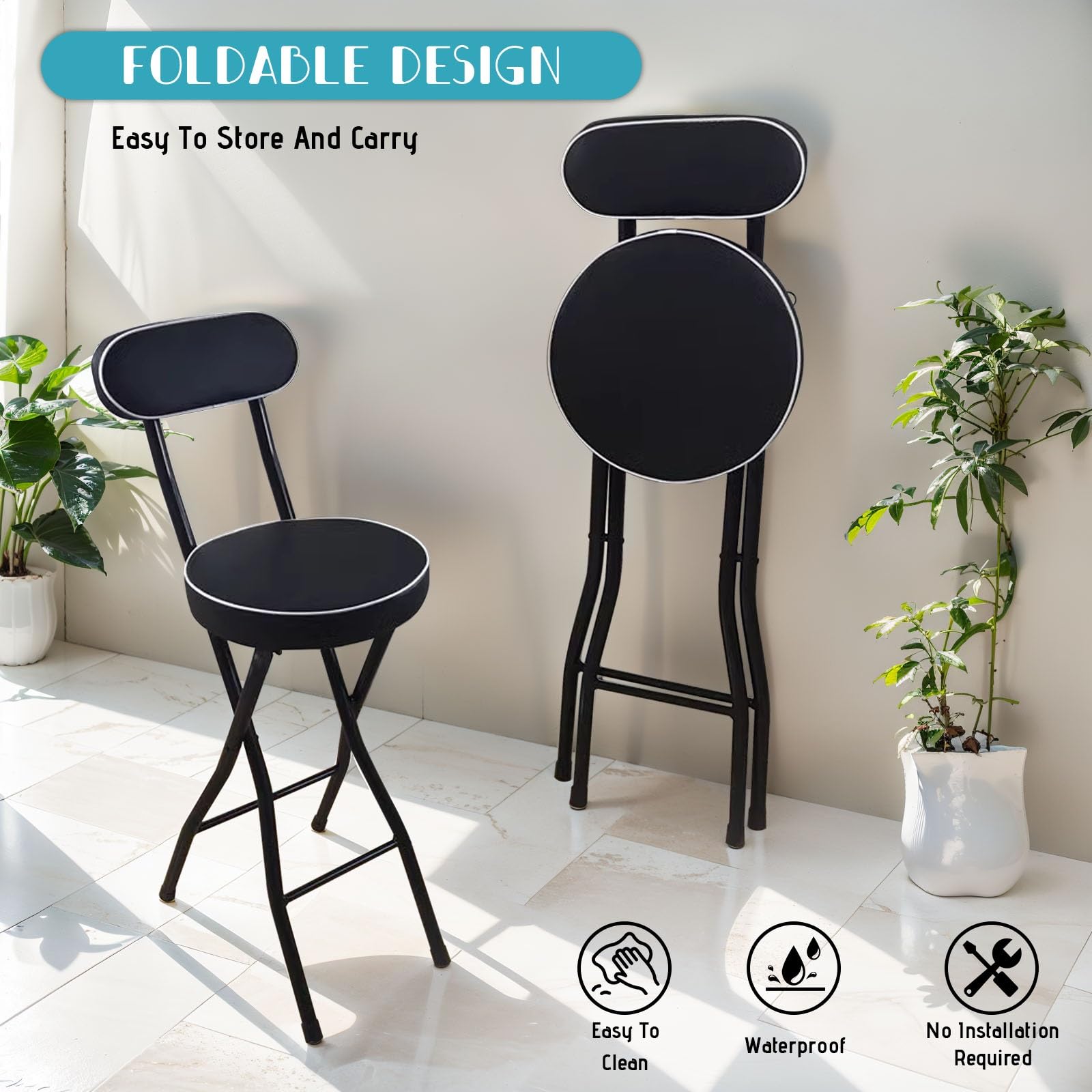 Tabouret Pliant Pour L'intérieur Et L'extérieur 50 55 60 65 70 75cm Tabouret De Bar Cuisine Portable Pour Adultes Tabouret de Comptoir Camping Bistrot Chaise de Salle À Manger Rembourré en PU(Black,55