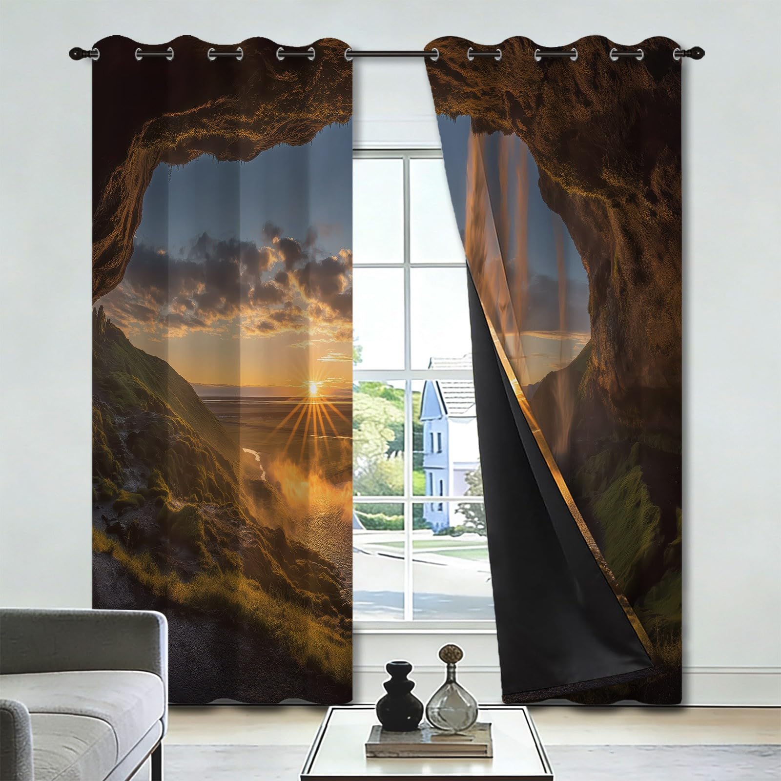 Tende paesaggistiche naturali con montagna blu, 100 x 213 cm, 2 pannelli