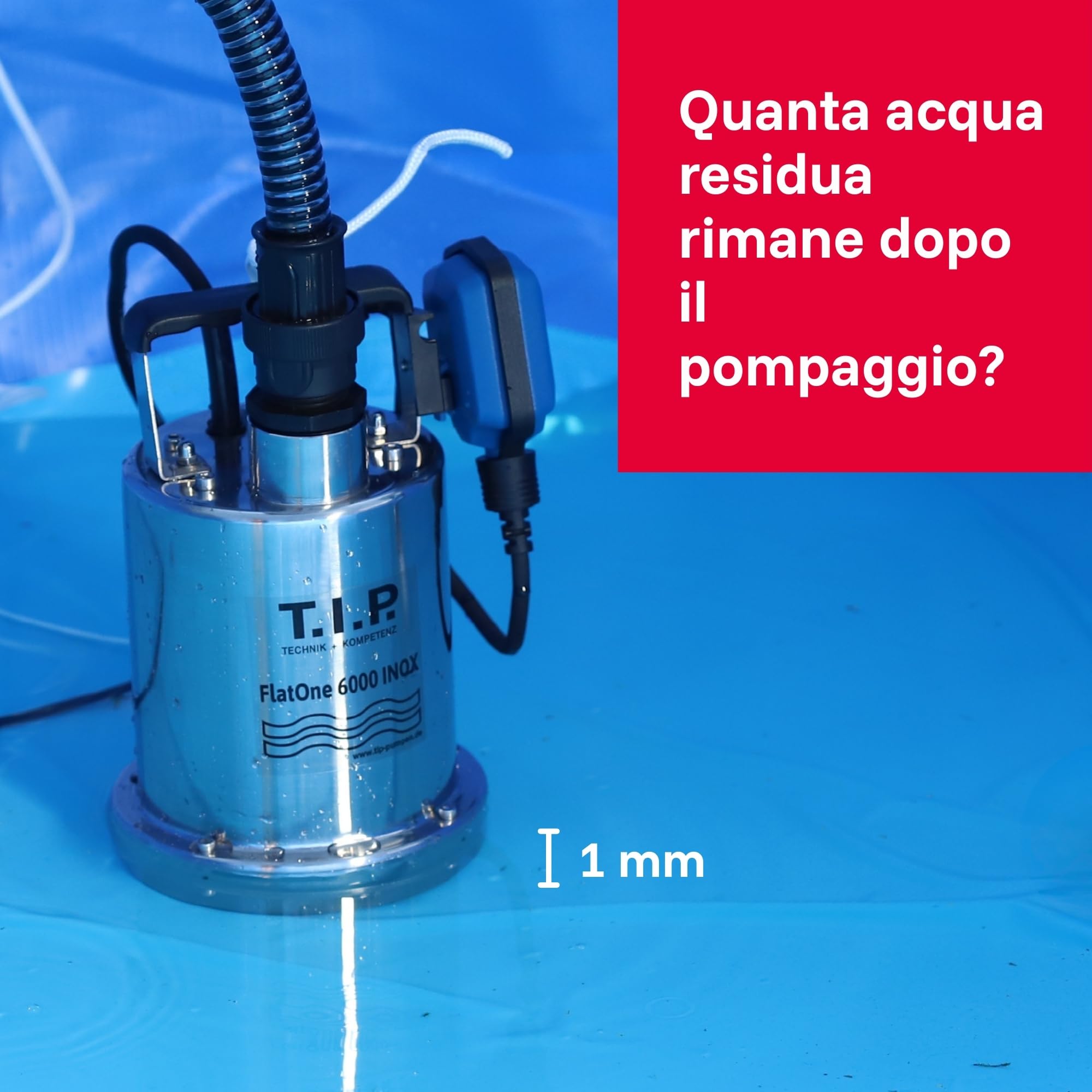 T.I.P. 30440 FlatOne 6000 INOX Pompa di dreggio e per piscine, aspirazione fino a 1 mm, portata fino a 6000 l/h, 22,5 x 16,5 x 27 cm