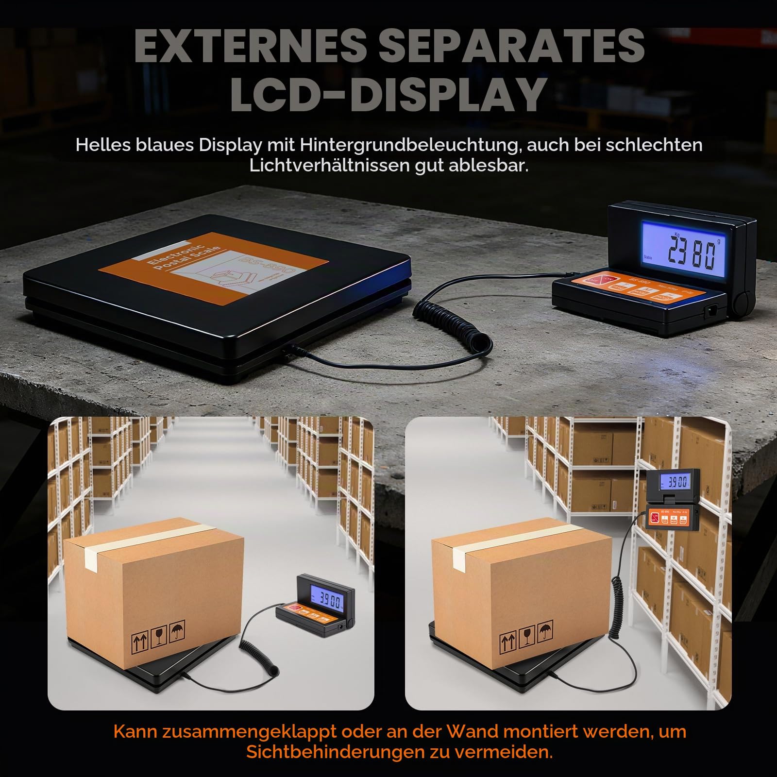 Bonvoisin Paketwaage Postwaage Digitale 50kg/110lb,2g Plattformwaage mit separatem großem LCD-Display, 2 AAA-Batterien und EU-Netzadapter enthalten, g/kg/oz/lb mit Stable & Hold-Anzeige