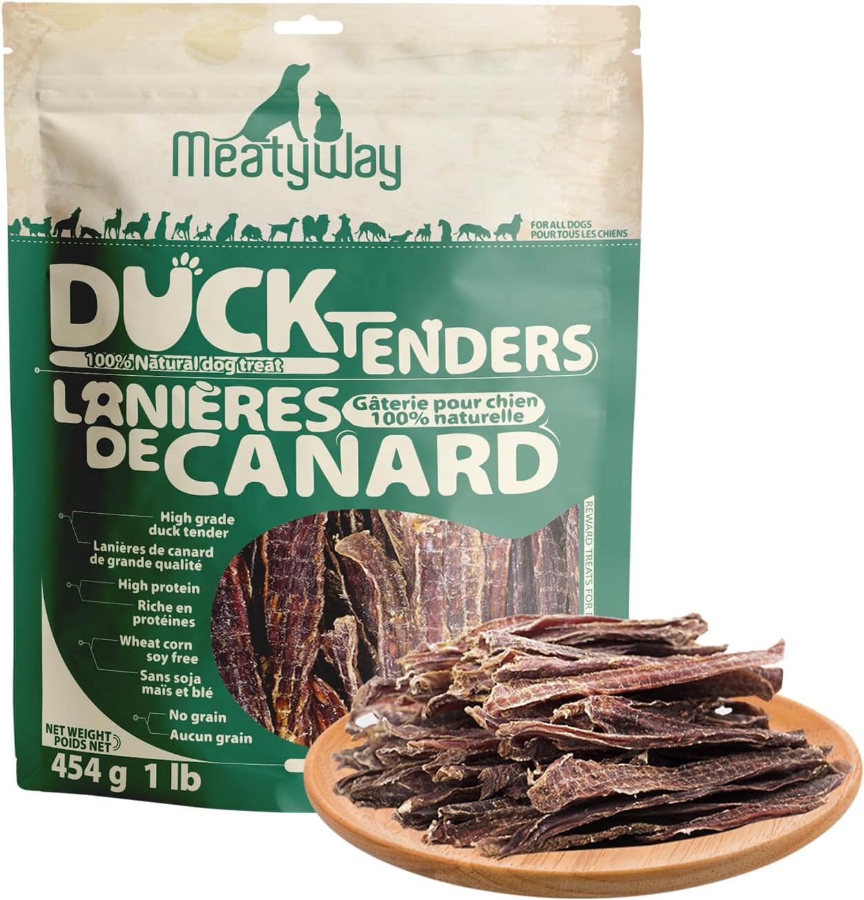 MeatyWay Duck Jerky Tenders Dog Treats, Duck Breast Tenders, High Protein, Low Fat, 100% Natural Grain Free Snacks, Easy to Digest Dog Training Treats, 454g/16 oz. Bag