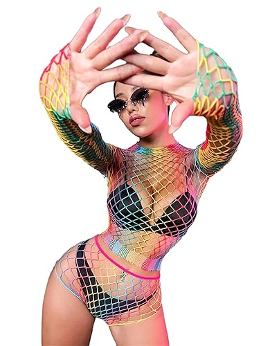 SEXYTINE Women Sexy Cosplay Colorful Rainbow Striped Fishnet Mini Dress Bodysuit Teddy Babydoll - Rainbow
