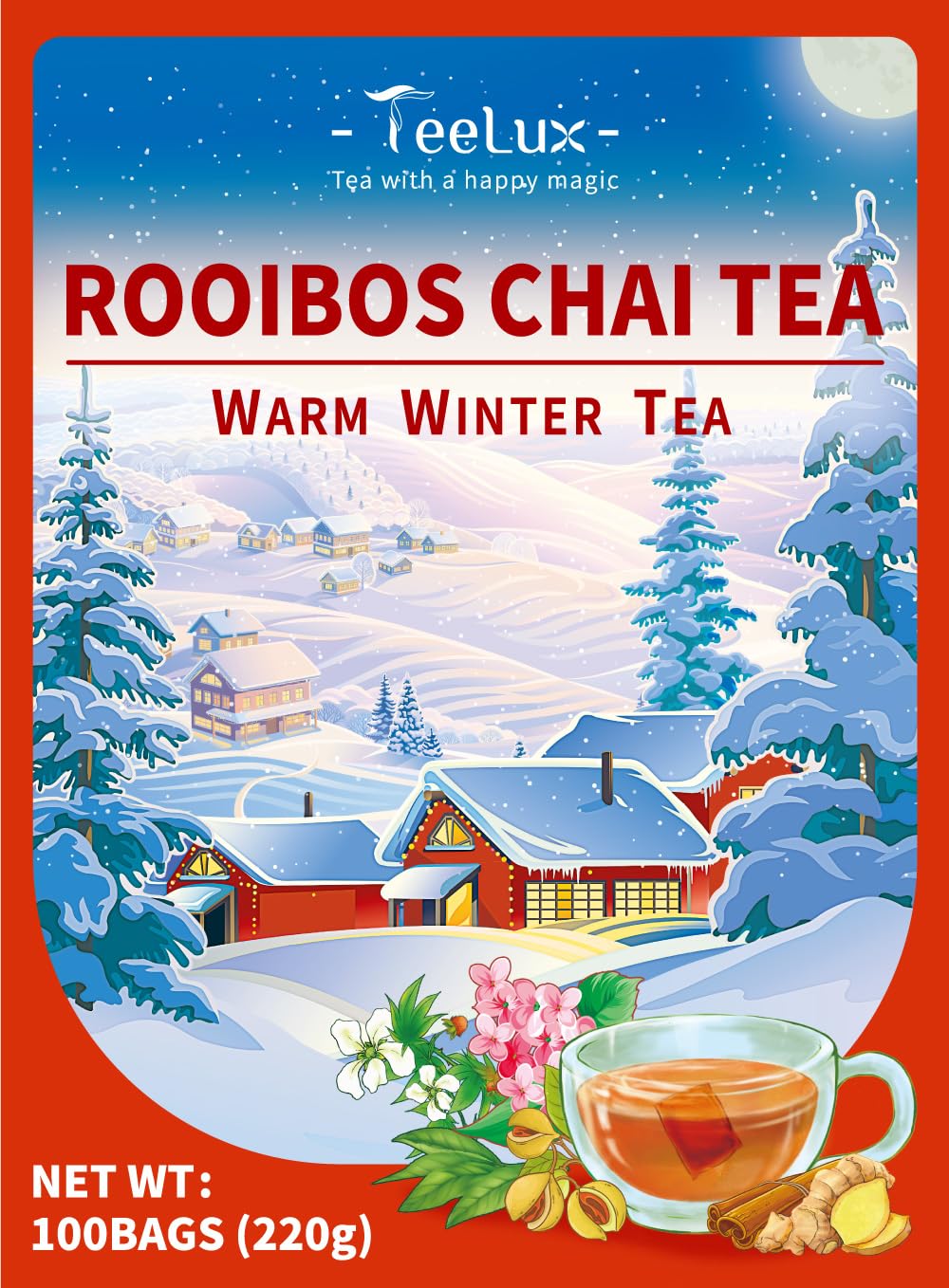 TeeLuxRooibos Chai Tea Bags 100 Count, Vegan, Rooibos Tea with Cinnamon, Clove, Cardamon, Caffeine Free Herbal Tea, Biodegradable Tea Bags