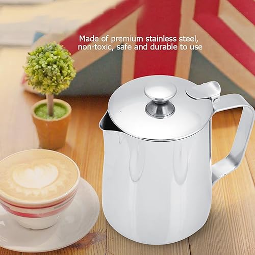 Miniatura 6 de Jarra espumadora de café con tapa, taza de espumador de leche de acero inoxidable, taza multifuncional para café al vapor con asa, para arte con