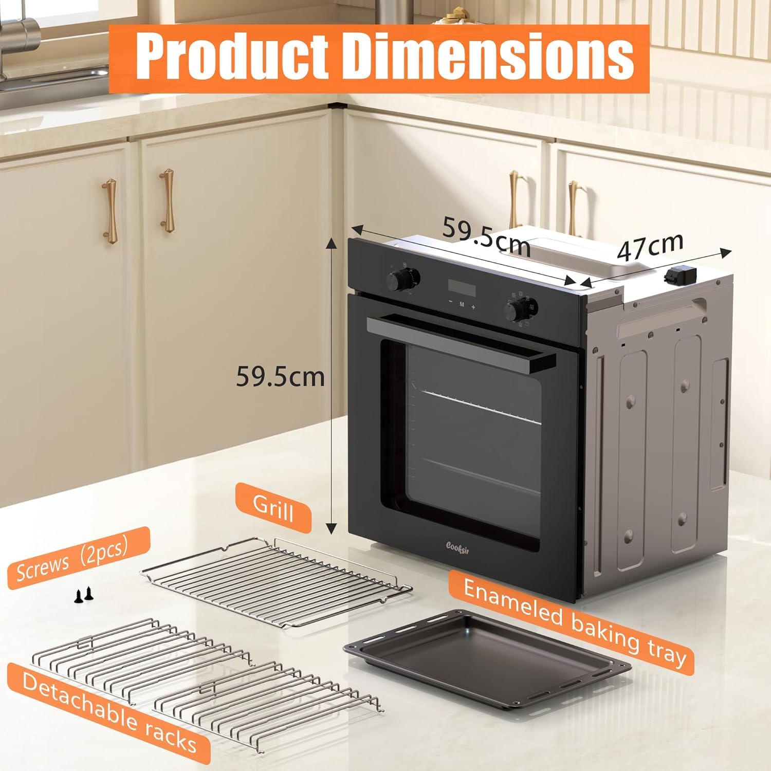 60cm Einbaubackofen 60 Liter 2800W 9 Funktionen Drehknopf Timer 10h Doppeltes Oberrohr Ventilator 230V