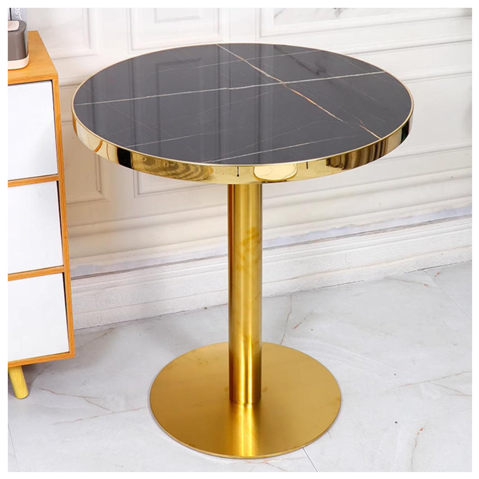 JHAISMAO Stone Effect Round Pedestal Dining Table Tulip Kitchen Dining Table For 2-4 People With Thick Sintered Stone Top, Titanium Golde Pedestal Base(Size:70cm,Color:black)