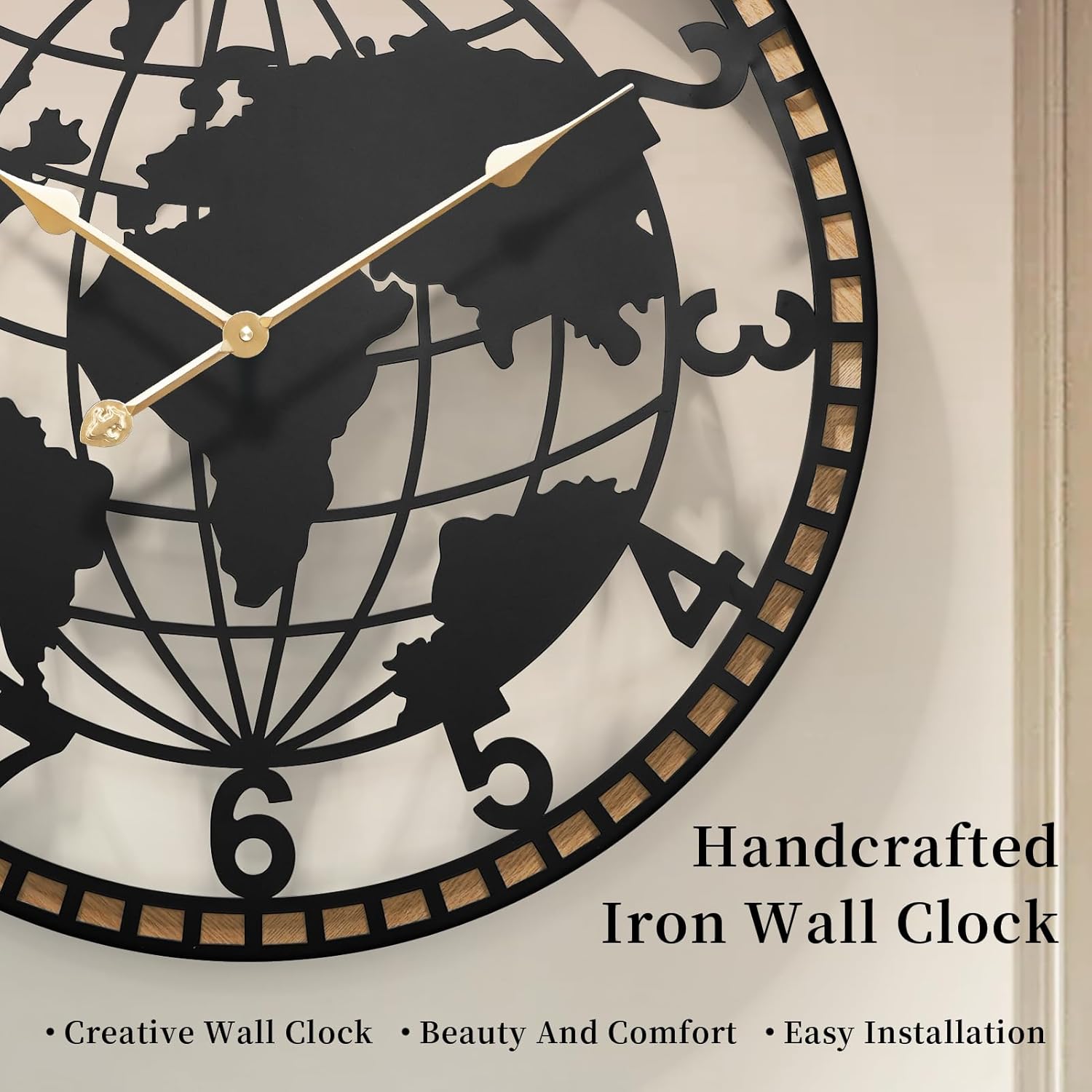 World Map Wall Clock 24 Inch & Larger - Large Round Metal & Wood Decorative Clock, Silent Battery Operated for Living Room, Office, Kitchen & Dining Room Wall Decor