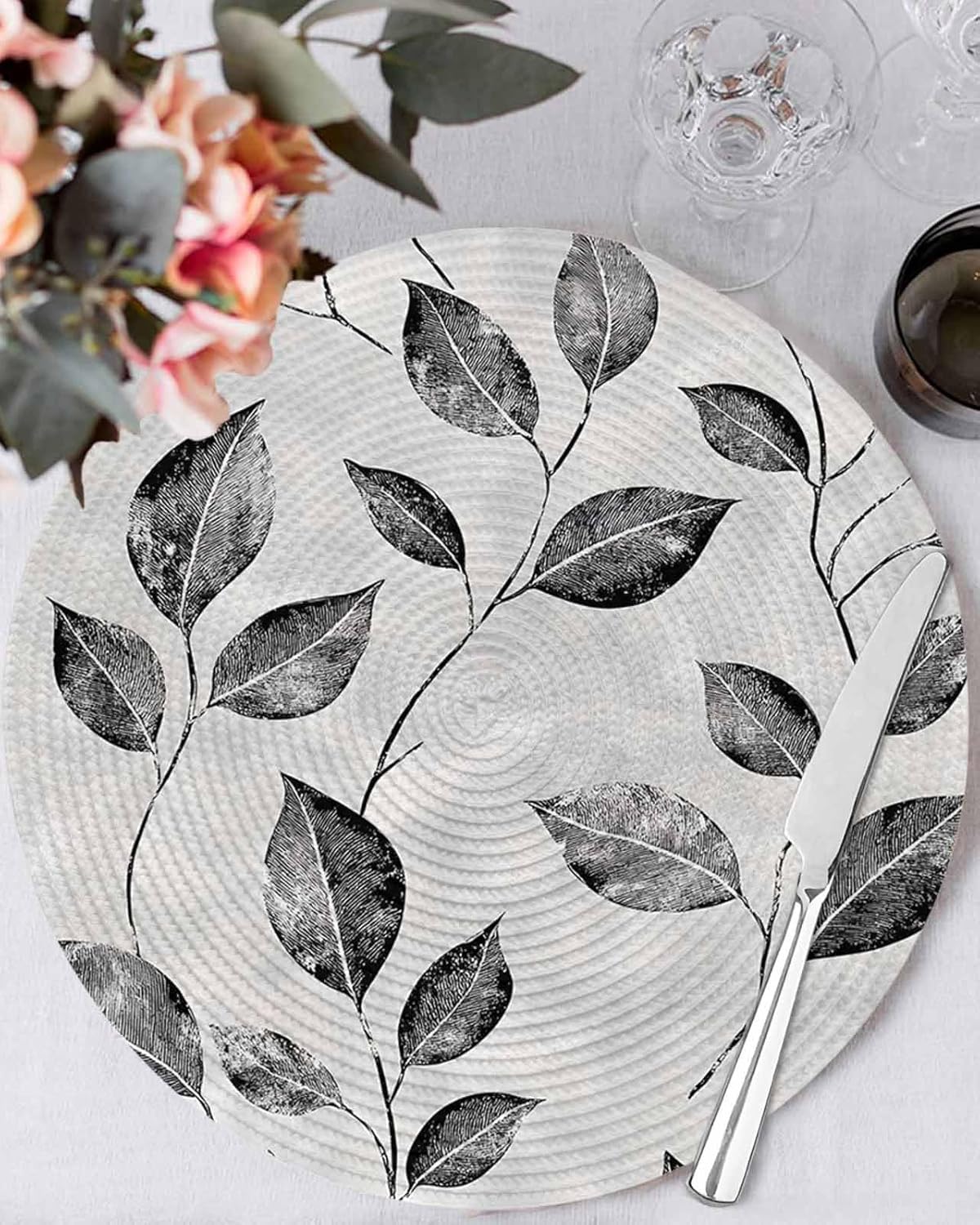 Grey Black Leaves Round Placemats Set of 8 Spring Retro Botanical Branches Place Mats Indoor Woven Table Mats Washable Heat-Resistance Braided Dining Table Placemats for Kitchen Holiday Decor 15 Inch