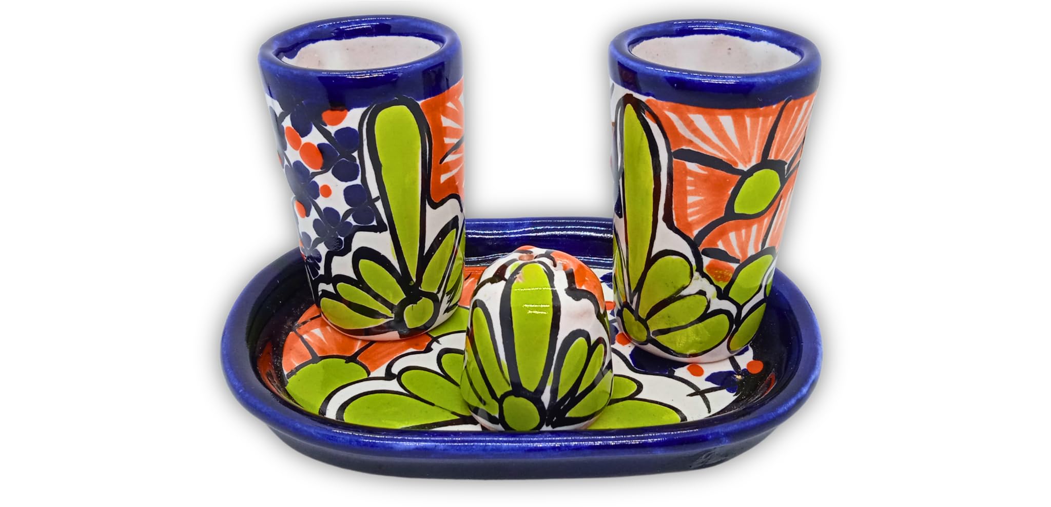 MEXTEQUIL Talavera Tequila Shot Glasses with Tray & Salt Shaker (Set of 2) - Green Flower Design - Hand-Painted Authentic Mexican Gift Set