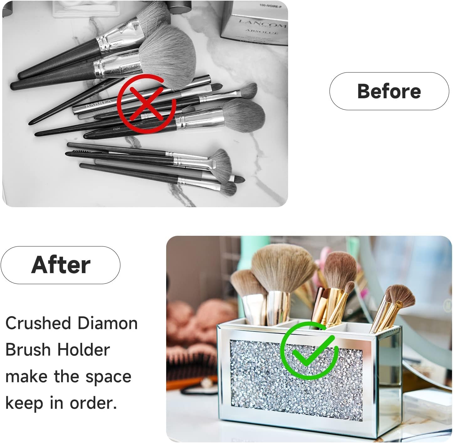 Kosmetik Make Up Organizer Make-up-Pinselhalter Mit 3 Fächern Für Vanity Cosmetic Storage Organizer Bling Crushed Diamond Eyeliners Eyebrow Vitrine Schmink Beauty Zubehör