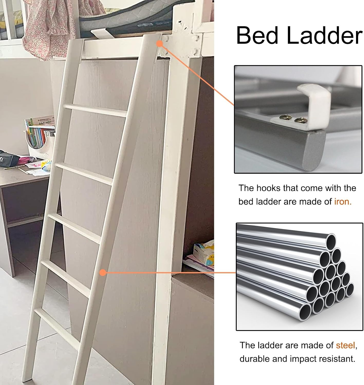 White Twin Bunk Bed Ladders with Metal Hooks, Adjustable Bunk Bed Ladder Floor-Standing 5 Step RV Ladder, Home Loft Bed Climb Ladder