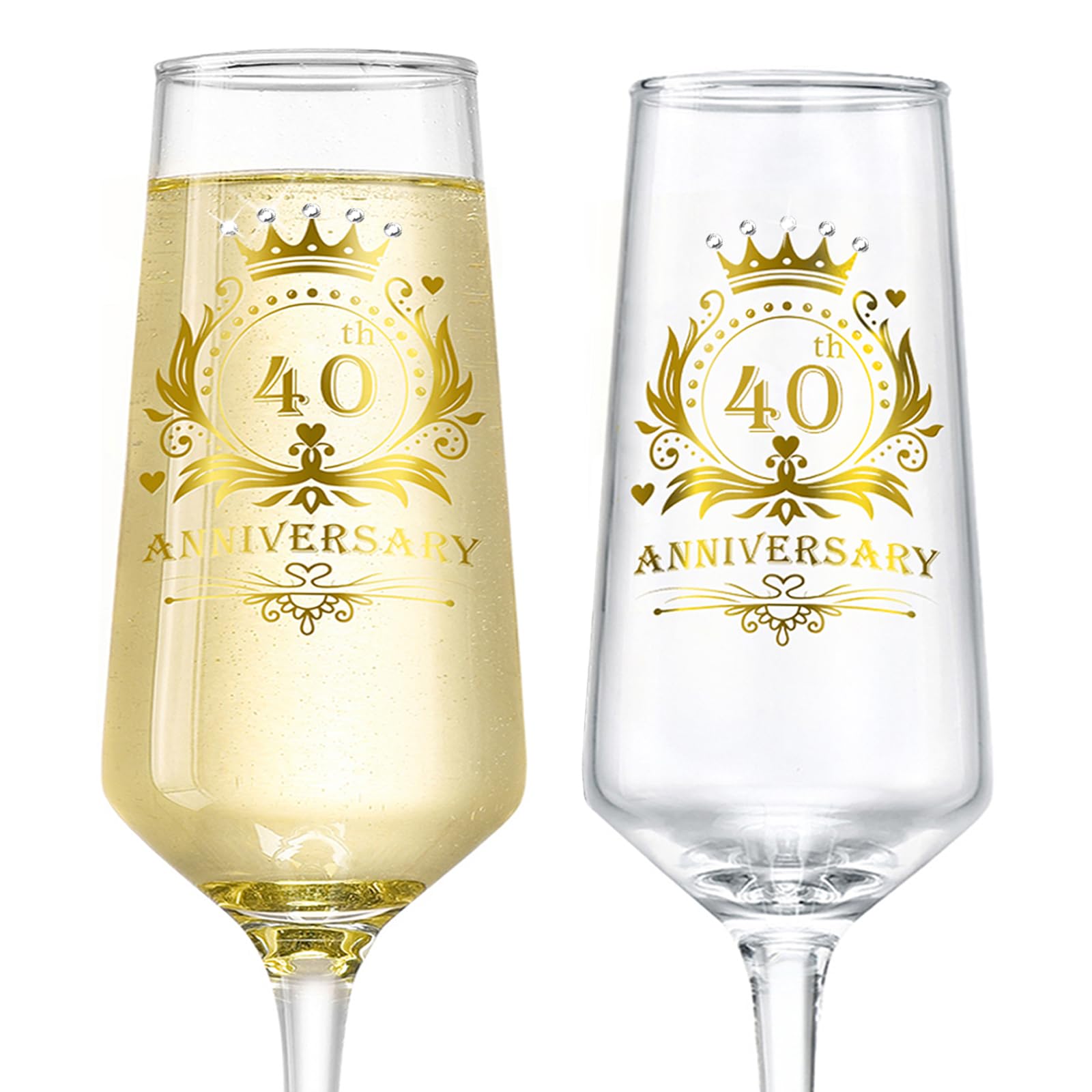 ROXBURGH 40th Wedding Anniversary Champagne Flutes Present Rhinestones Studded, 40th Anniversary Decorations 7 OZ Crystal Champagne Glasses Set of 2, Wedding Present, Couples