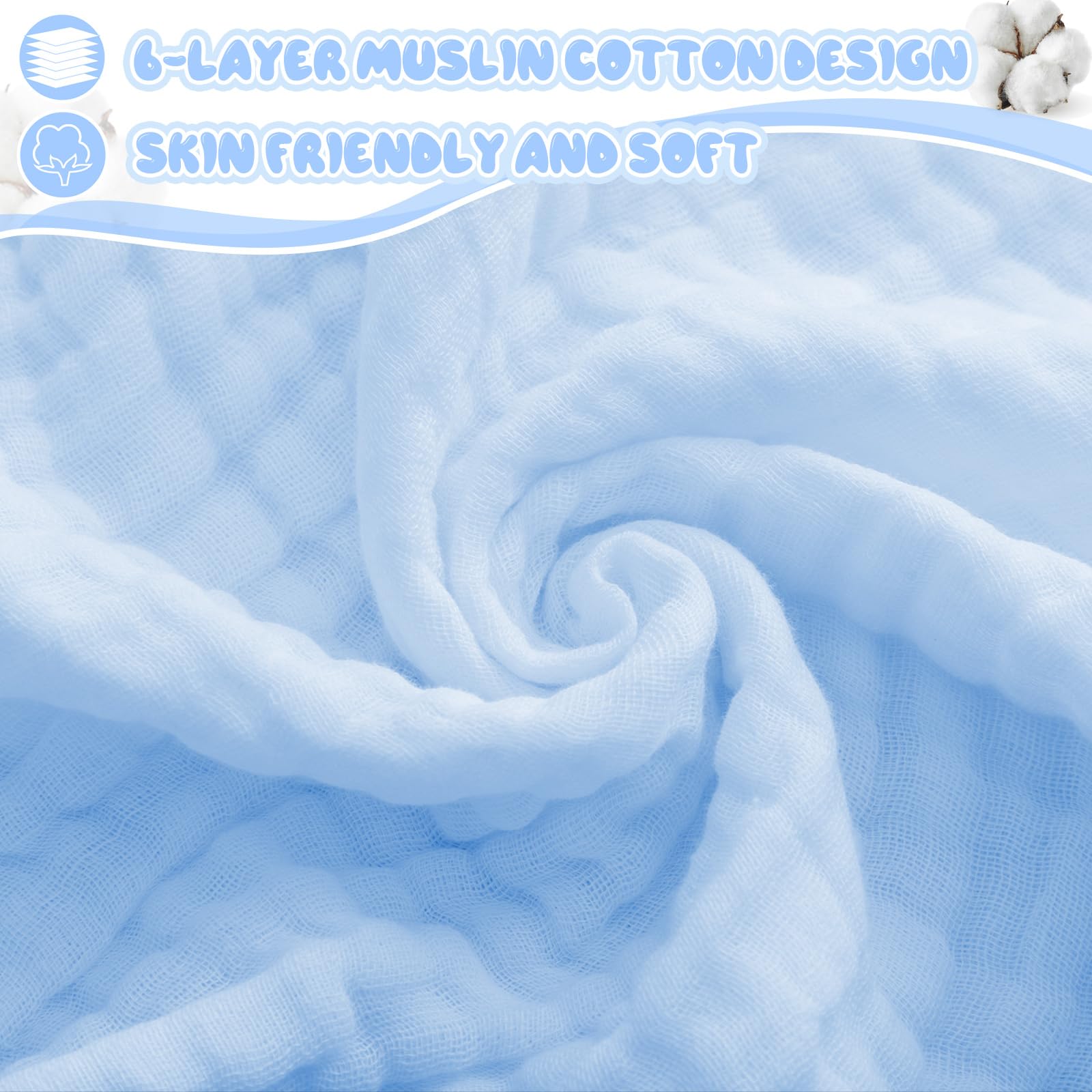 Preboun 6 toallas de muselina con capucha para bebé, de algodón, absorbentes, de 6 capas, lindas toallas de baño para recién nacidos, niñas, niños pequeños, suministros de regalo (gris, azul, blanco)