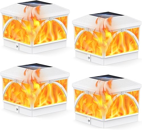 LETMY Paquete de 4 luces solares con tapa de poste de llama para exteriores, llama parpadeante y luz cálida, 4 x 4, luces solares impermeables para