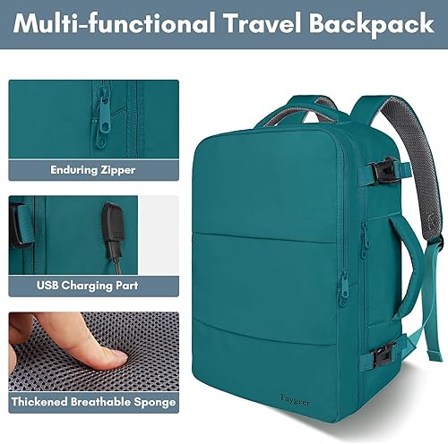 Vista 58 de Taygeer Mochila de mano para mujer, mochila de viaje de 35 litros para mujer, aprobada por aerolíneas, bonita bolsa de viaje para artículos Azul