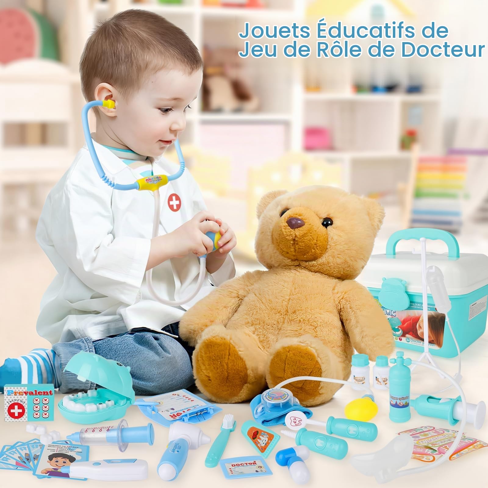 deAO Malette Docteur Enfant Kit avec Sons et Lumière, Stéthoscope Réel Bleu | Médecin Jouets Déguisement de Docteur Accessoires avec Sac de Médecin Portable Thermomètre, Kids Jeu de Rôle pour Dentiste