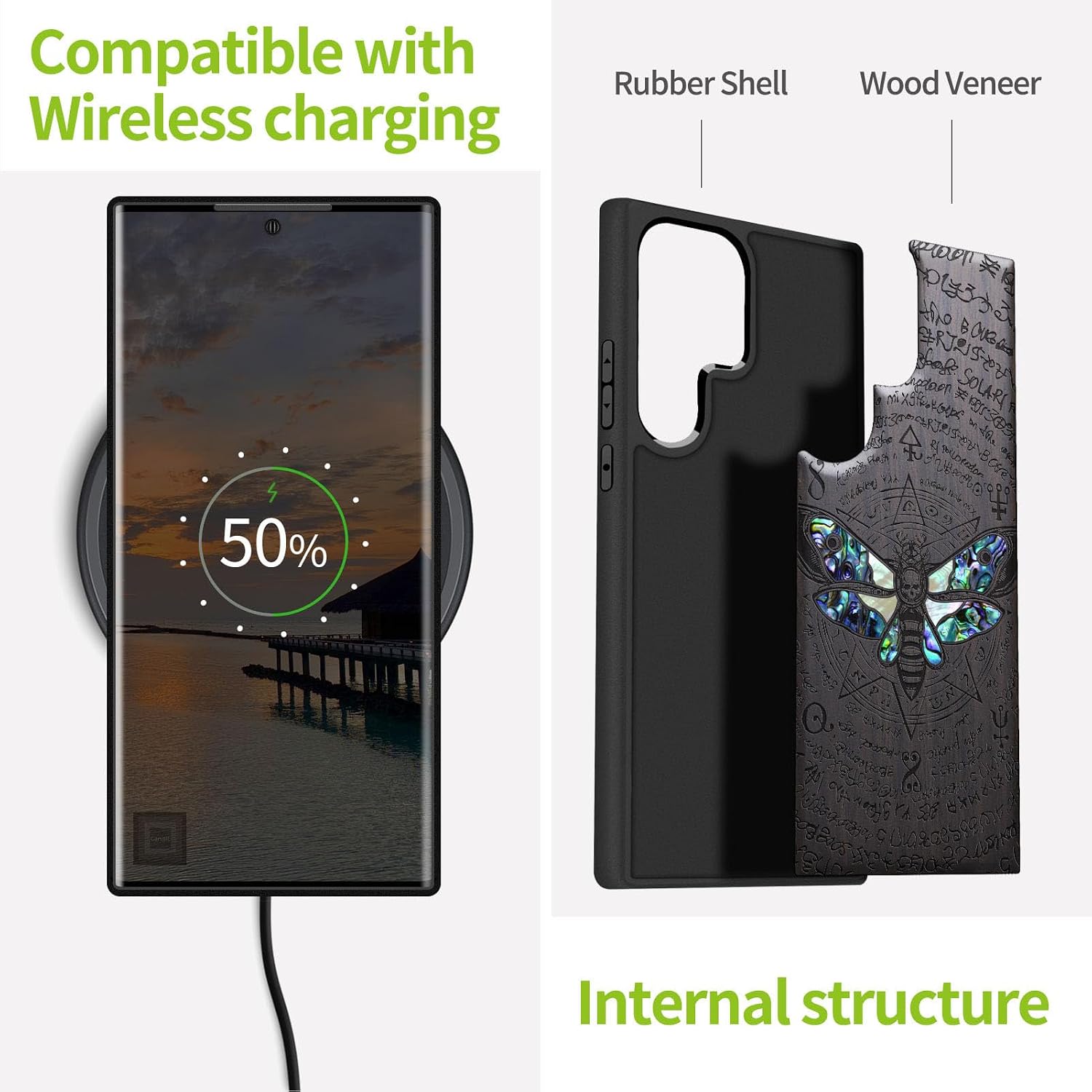 Carveit Designer Wooden Case for Samsung Galaxy S24 Ultra - Death's Head Moth (Blackwood) - Laser Engraving & Natural Shell Inlay - Compatible with Wireless Chargers - Basic Case