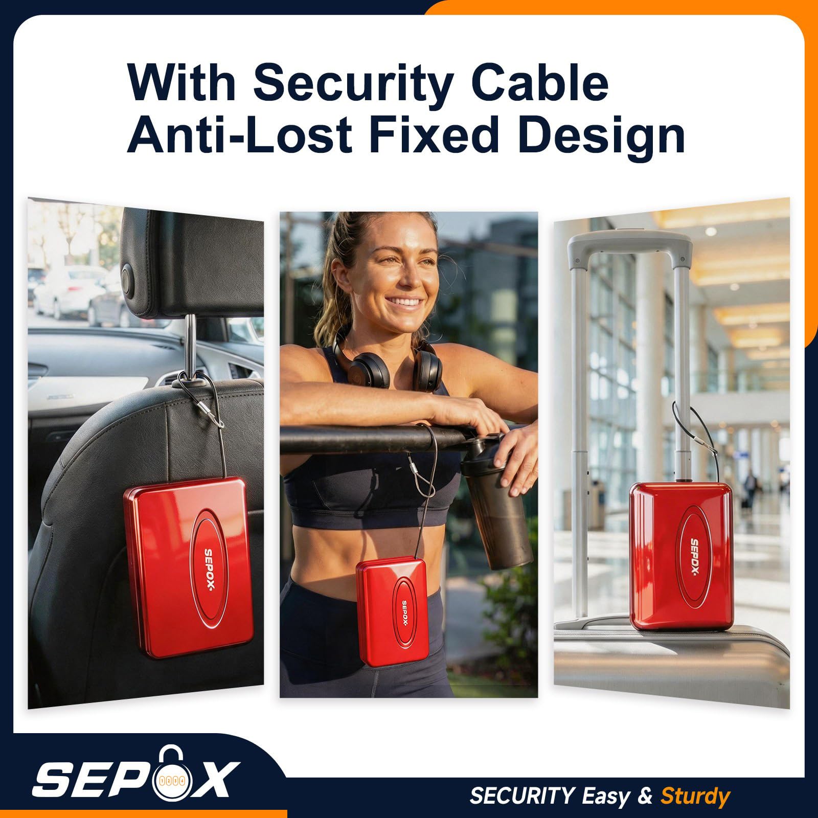 SEPOX® Twins - Cassetta di sicurezza portatile in acciaio, per piccoli oggetti, con cavo da 9 m e serratura a combinazione richiudibile, per dormitorio, auto, sport, ufficio (rosso)