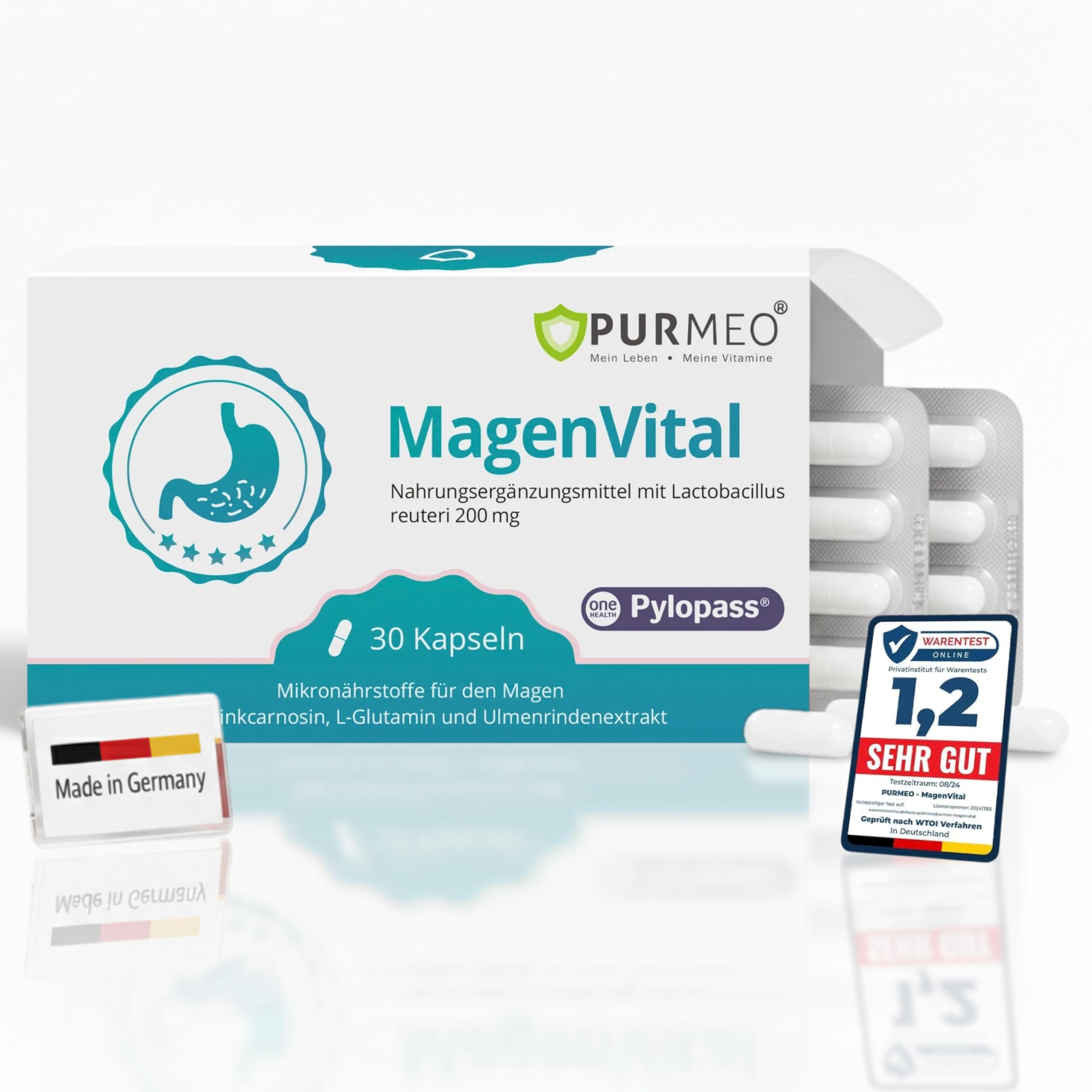 PURMEO® MagenVital – L'original – 200 mg de pylopass®, 30 gélules – estomac, intestin, lactobacillus reuteri, équivalent à 20 milliards d'UFC par dose quotidienne, hautement dosé, végétalien, sans