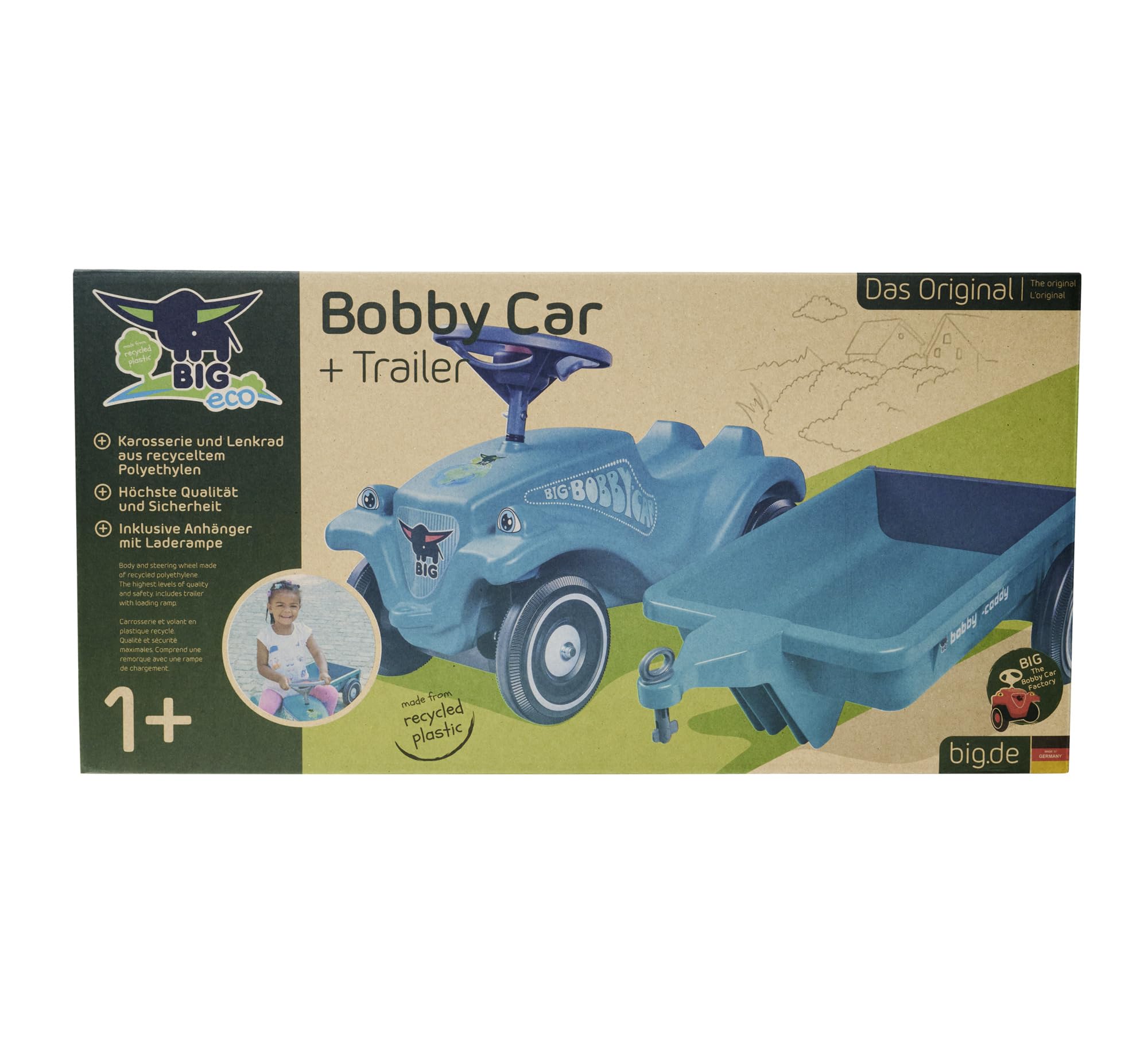 Big Bobby Car Classic Eco 2.0 mit Anhänger - Rutschauto ab 1 Jahr aus Recycling-Material mit Caddy, Lenkrad und Hupe, für Kinder ab 1 Jahr (bis 50 kg), Türkis mit Grau