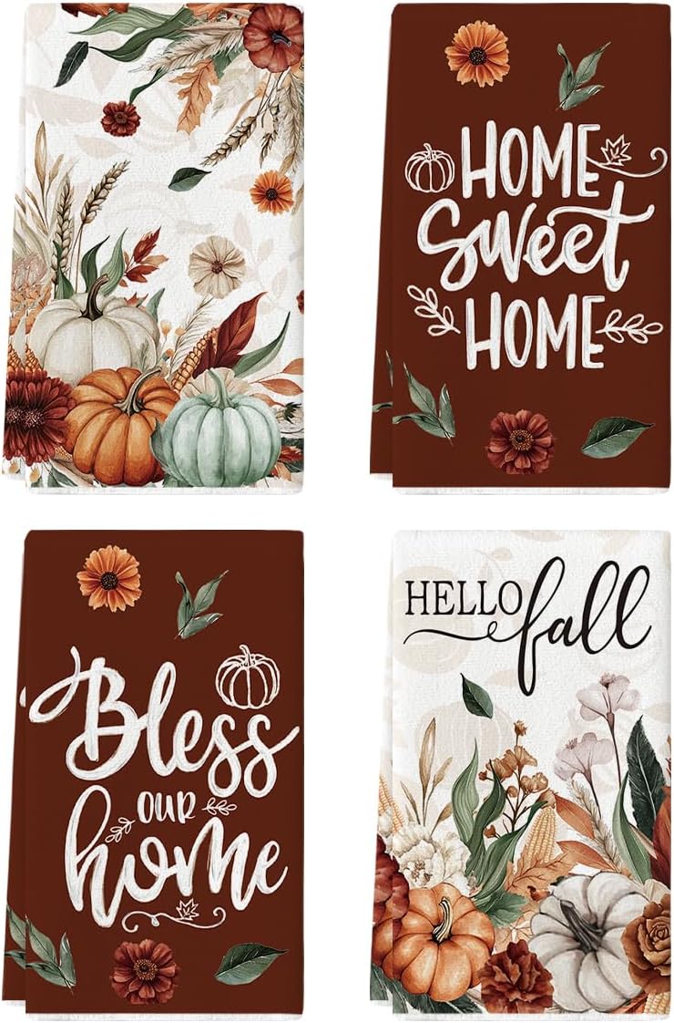 Artoid Mode Wild Flowers Pumpkin Fall Kitchen Towels Set of 4 18x26 Inch | Thanksgiving Autumn Leaves Hand & Dish Towels,Ultra Absorbent,Seasonal Farmhouse Decoration