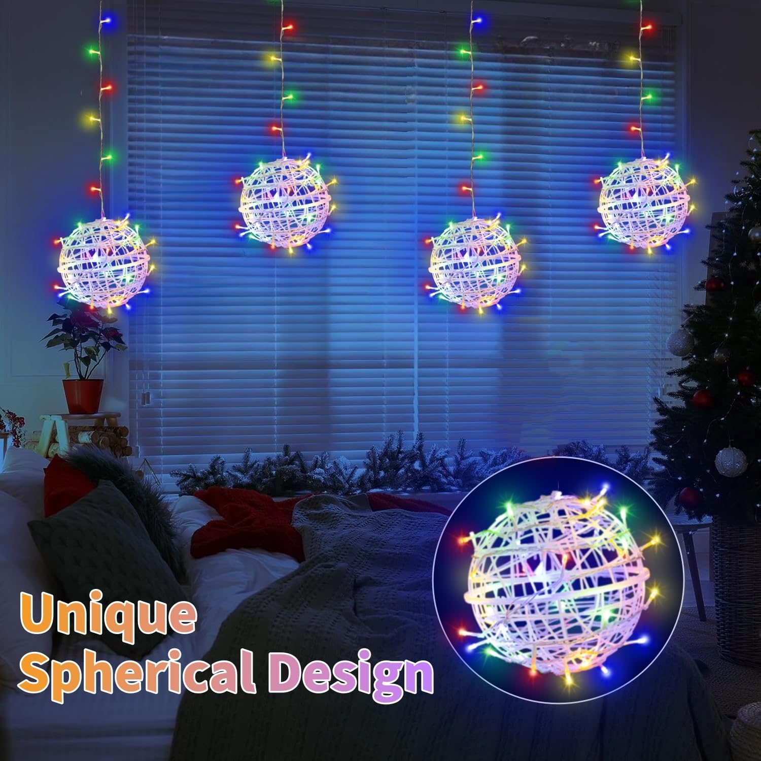 Outdoor Christmas Balls Lights 4 Pack Hanging 7.9" LED Garden Sphere Tree Lights 8 Modes Waterproof Glow Globe Lights with Memory Timer Plug for Yard Porch Eave Patio Home Indoor Decoration-Multicolor - Image 4