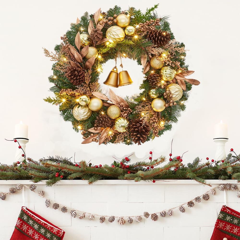 22 inch Lighted Christmas Wreath, Pre-Lit Xmas Wreath with Red Berries, Christmas Decorations, Christmas Wreath for Front Door, Windows, Wall, Mantel Decoration