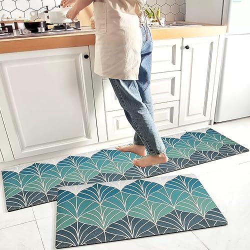 Tapete de cocina de hojas abstractas verdes, bonito tapete antideslizante de PVC, antideslizante, antifatiga, cómodo, triángulos, rombos,