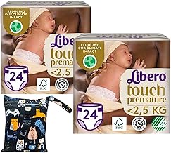 Premature Baby Nappies Bundle with Libero Touch, Size 0 Diapers, 2 Packs of 24 Newborn Nappies and Wishesla Animal Print Bag for On-The-Go Storage
