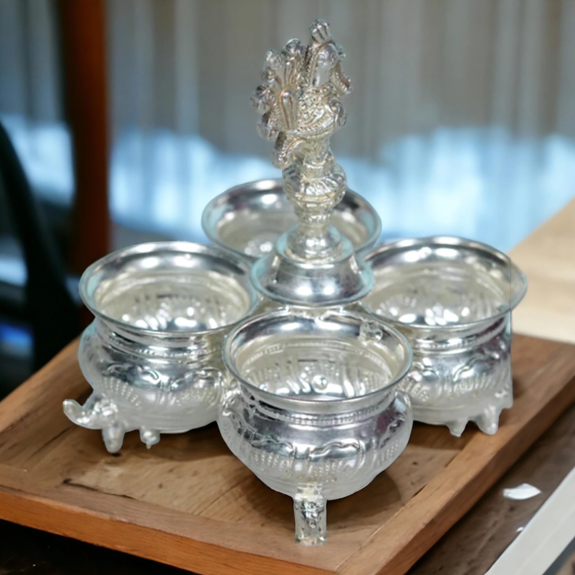 German Silver 4-Cup Panchwala with Peacock Handle Kum Kum Cup for Temple, and Home Pooja Decor K4002
