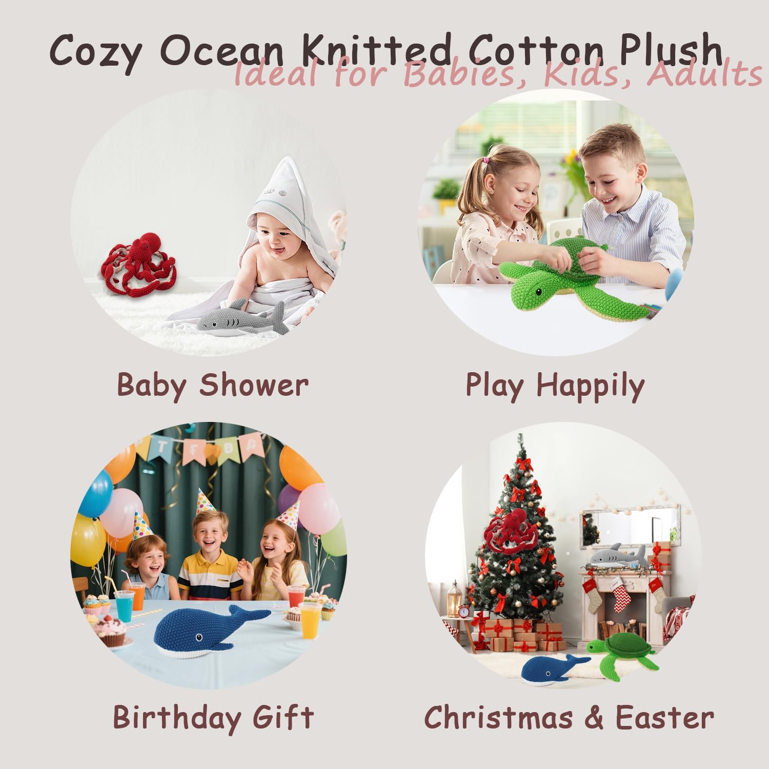 4Pcs Baby Stuffed Animal Set with 4 Sea Animals- 9 Inch Octopus, Turtle, Shark, Whale Crochet Toy 100% Cotton Plush Stuffed Toys for Baby Kids Boys Girls Fun Gift for Birthday, Christmas, Easter Party
