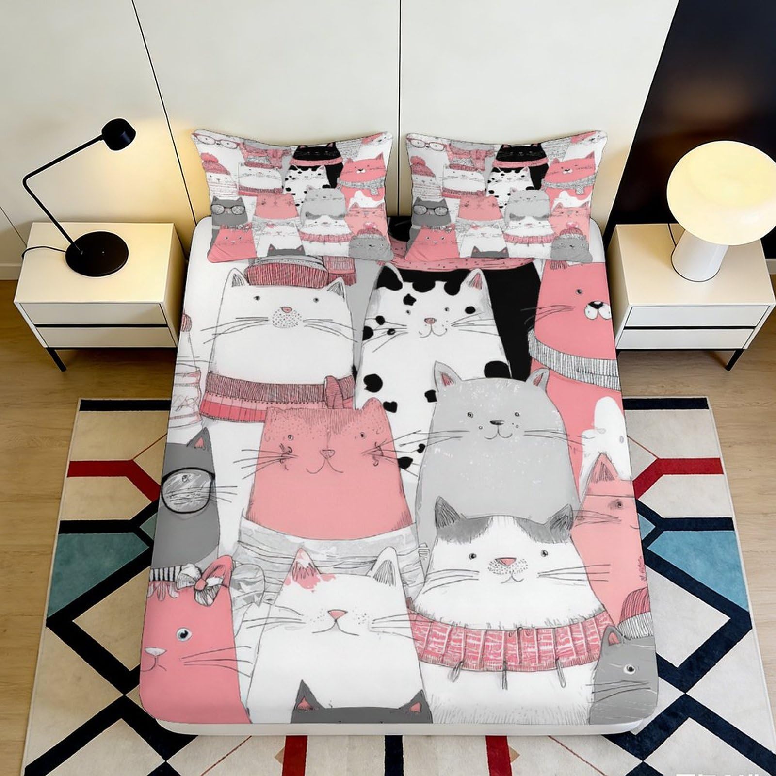 3D Printed Cartoon Cats Fitted Sheet Microfiber Deep Pocket Mattress Fitted Cover Non-Slip Elastic Hem for Bedroom Bedding 180x200x25cm