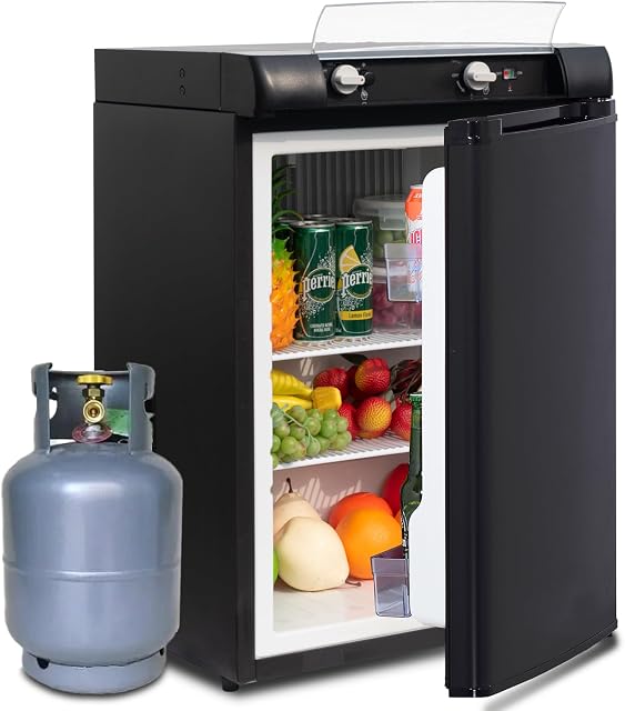 SMETA Upgrade 3 Way Propane Fridge Refrigerator 2.1 Cu.Ft, LPG 12 Volt Compact Fridge Gas/12V/110V without Freezer for Truck Outdoor Camping Off Grid Caravan Motorhome Cabin Boat Refrigerators, Black