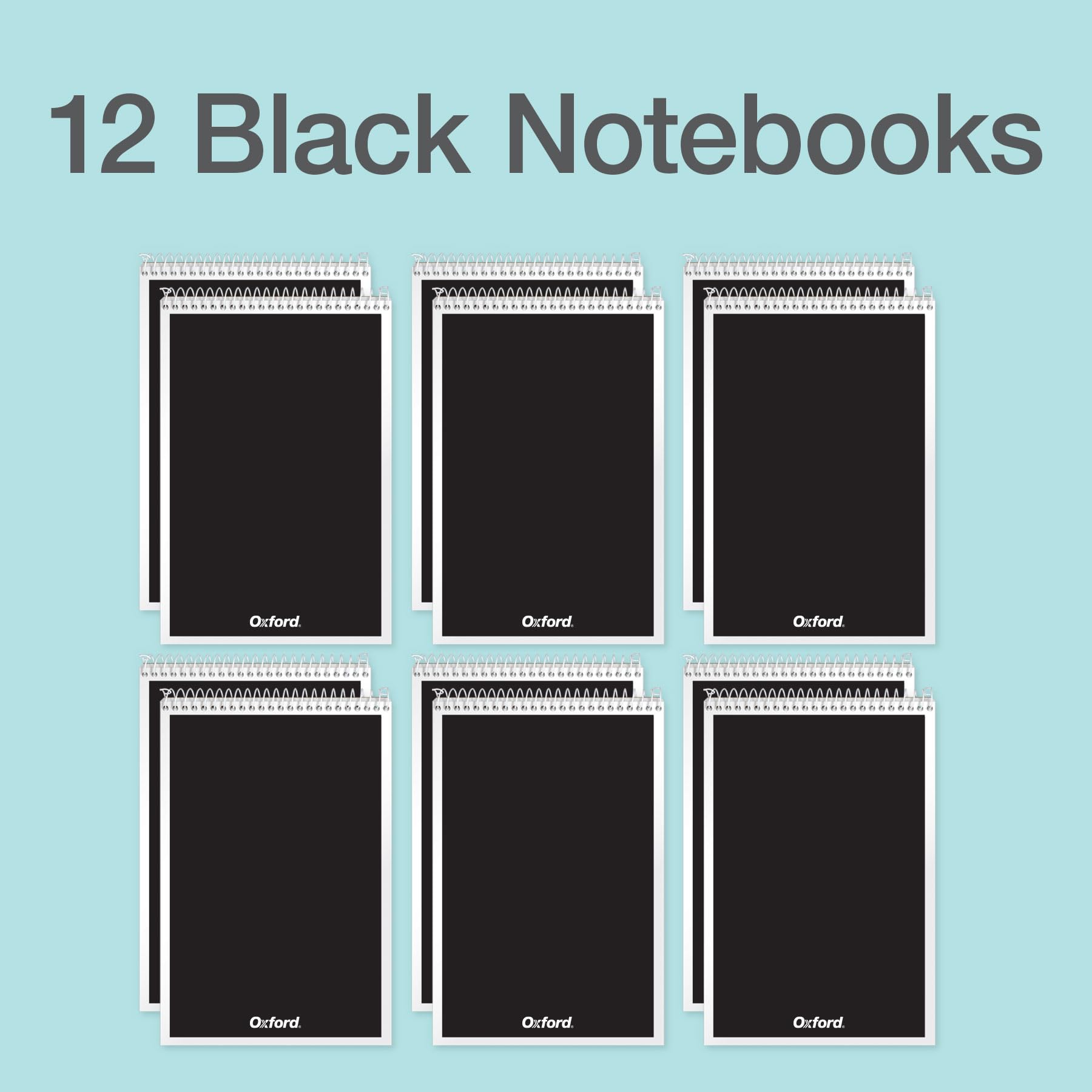 Oxford Steno - Confezione da 12 blocchetti con copertina nera, 15,2 x 22,9 cm, 120 pagine, 60 fogli, fogli a spirale superiori, carta bianca a righe Gregg, set di blocchi compatti per appunti