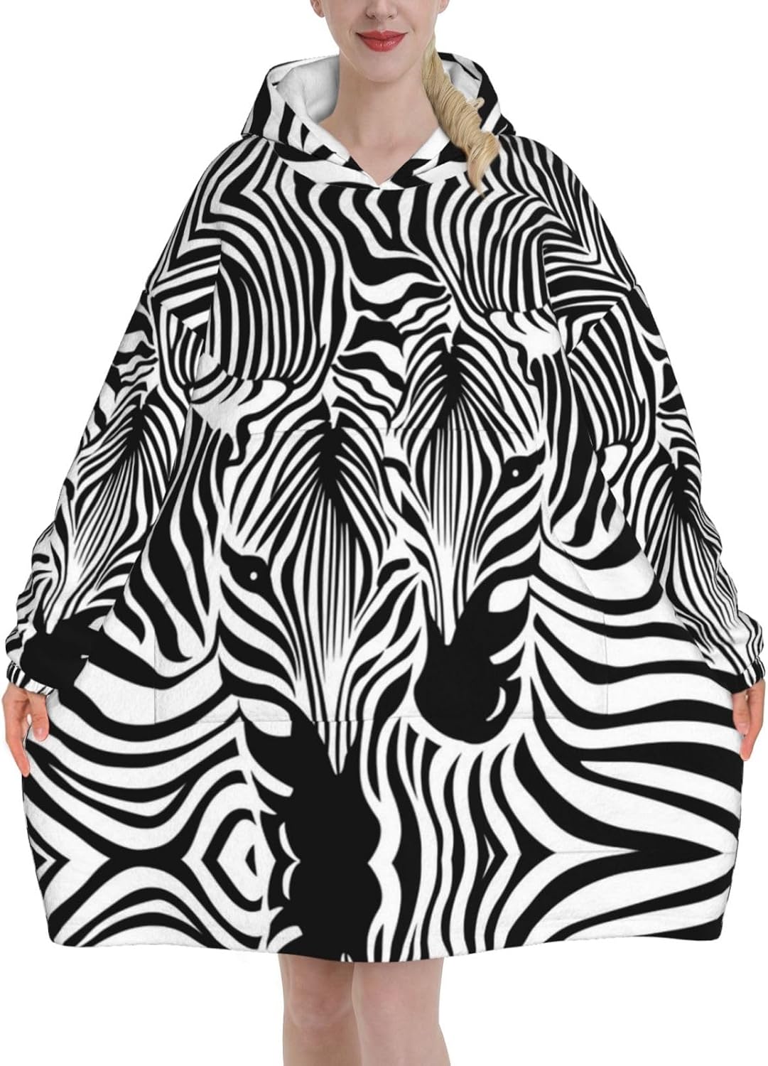 Abstract Animal Zebra Print Blanket Hoodie Fleece Sweatshirt Blanket With Sleeves And Pockets