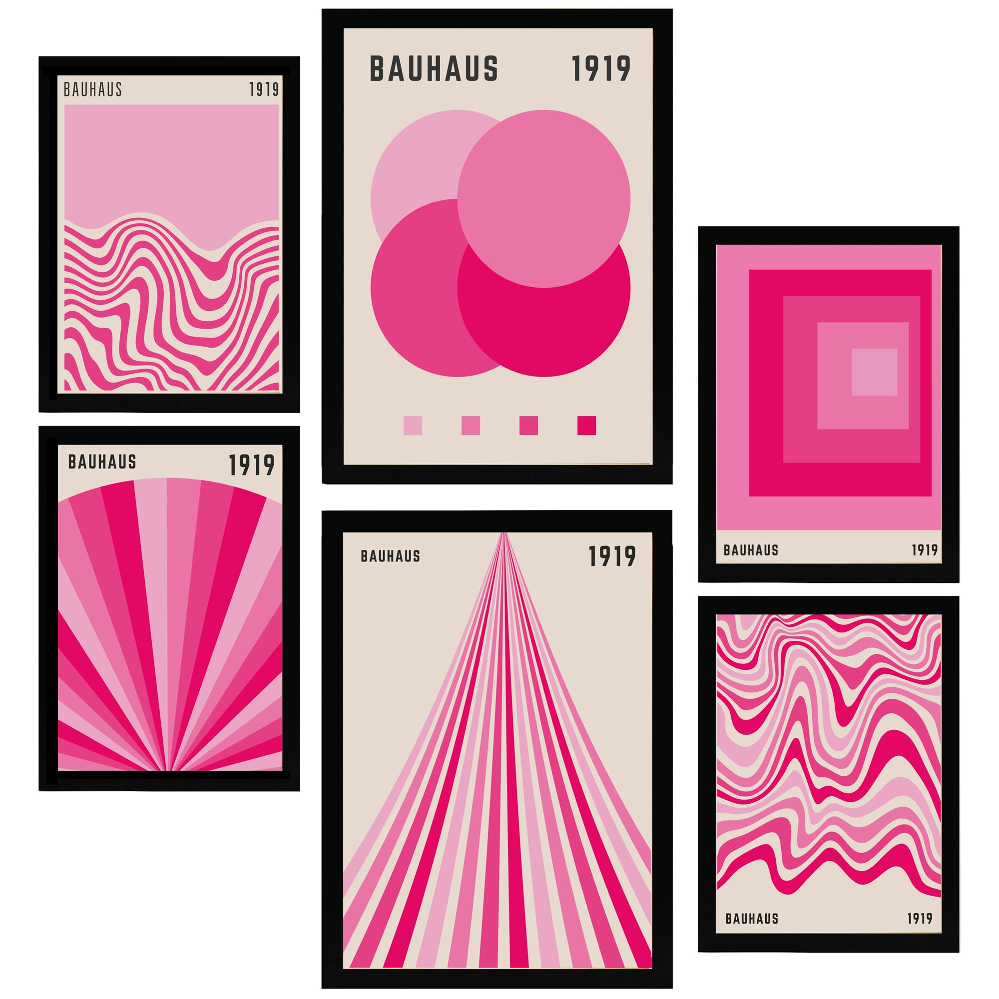 Nacnic Bauhaus Pink Fuchsia Set Of 6 Posters Geometric Bauhaus Vibrant Colors Pink Fuchsia Framed Prints With Design Illustration To Decorate Walls Of Home. Room, Office. A3 & A4 Black Frame