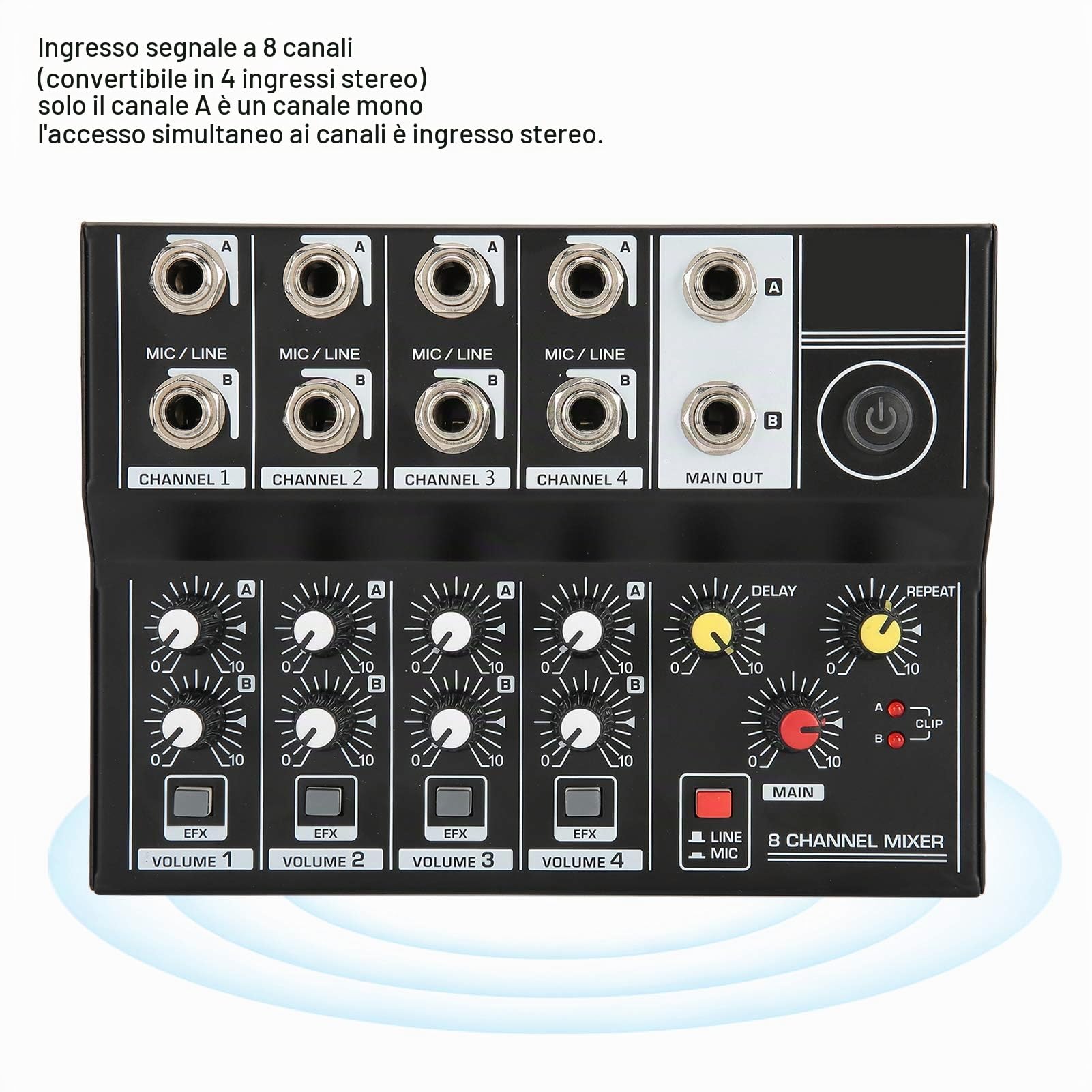Mixer professionale, mixer stereo portatile a 8 canali, batteria ricaricabile integrata da 1200 mAh, console amplificatore microfono per karaoke, feste