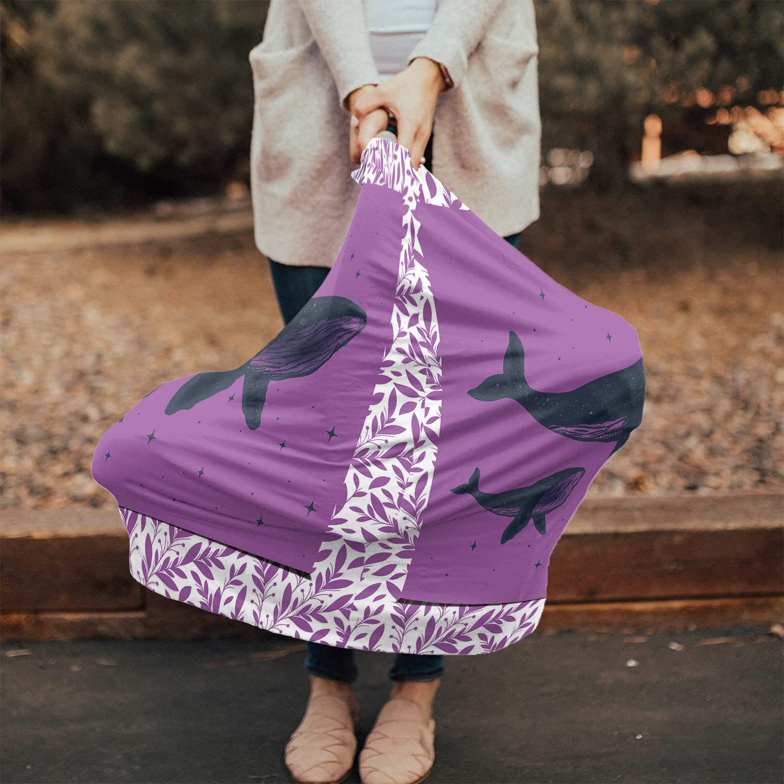 Nursing Cover for Breastfeeding Scarf, Leaves Whale Stars Purple Baby Car Covers Super Soft Multi Use for Canopy Shopping Cart Cover Blanket Stroller Cover
