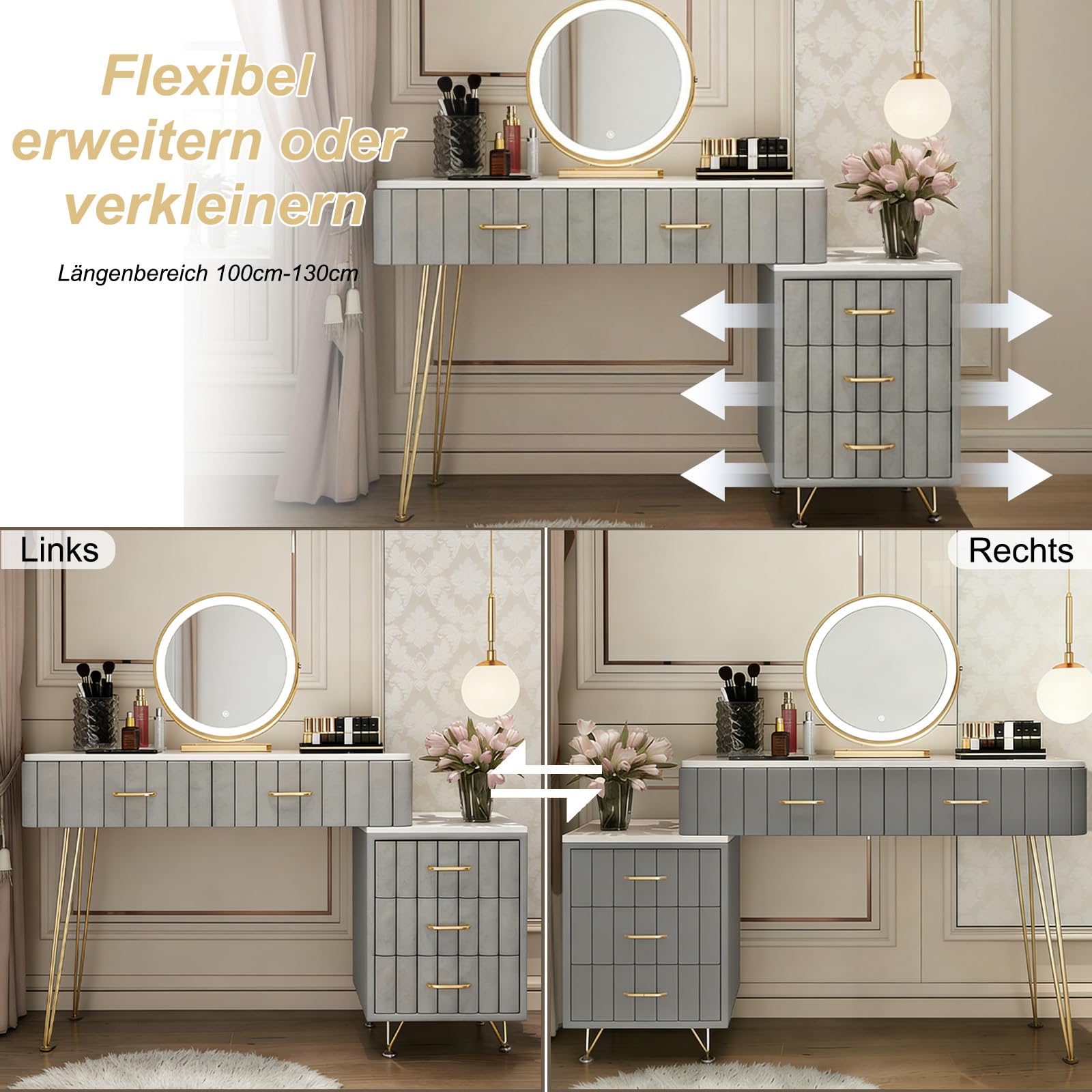 Grau Schminktisch mit Spiegel, Luxuriöse Frisiertisch mit Vergoldete Griffe und Samt, 5 Schubladenb und Schrank, Moderner Kosmetiktisch für Mädchen Schlafzimmer, Einfach zu Montieren, 100cm