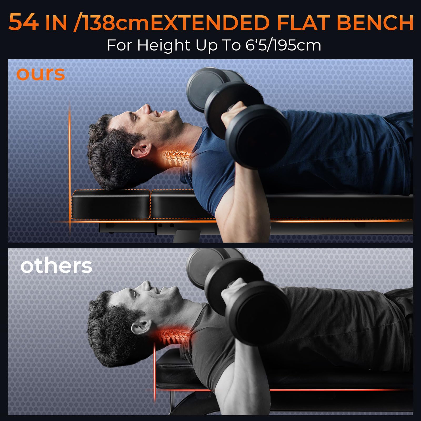 Banc de musculation plat de 550 kg avec appui-tête – Bonvork 138 cm rallongé, banc de fitness, banc de fitness, banc plat pour la salle de fitness à domicile, la musculation, le développé couché pour