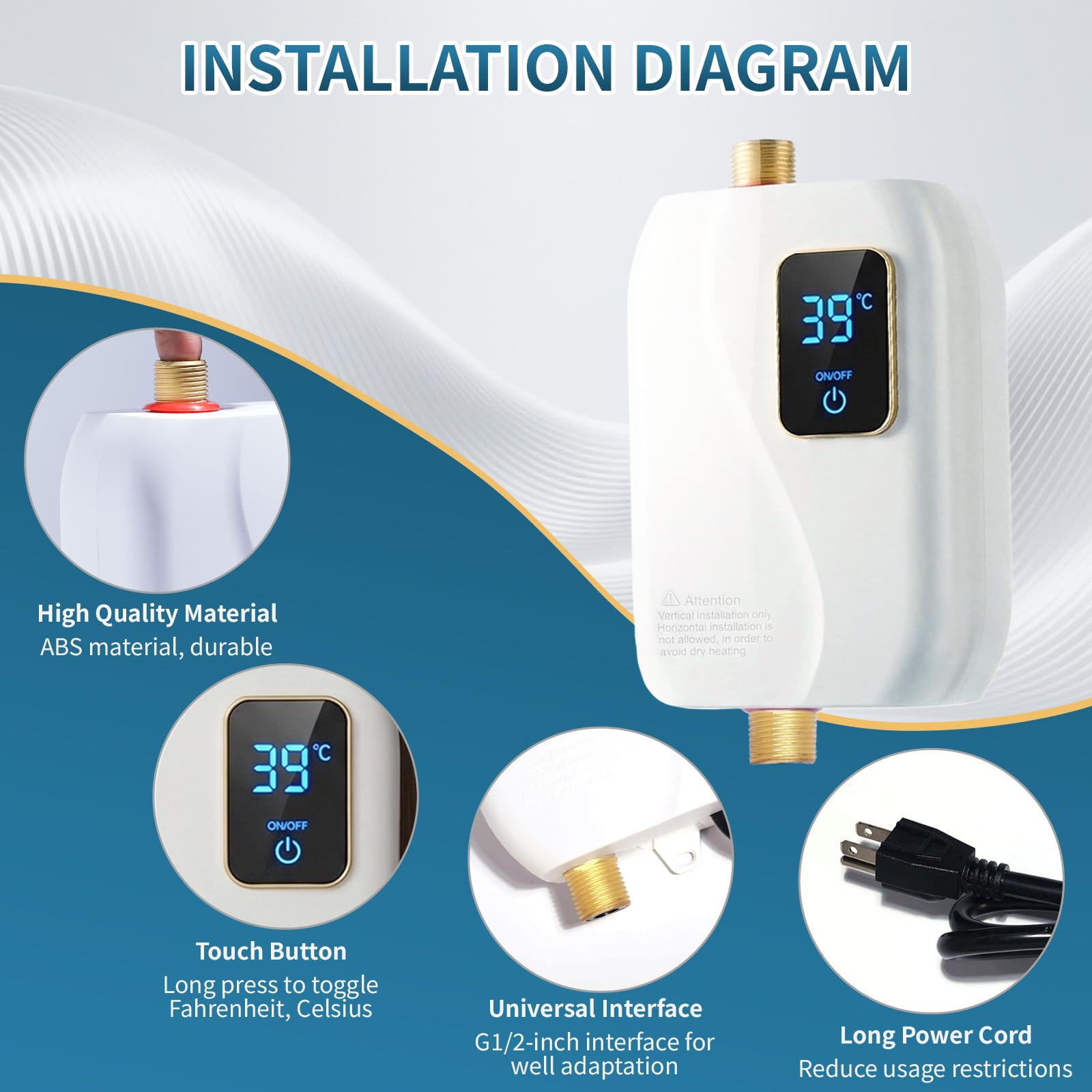 Calentador de agua eléctrico sin tanque, calentador de agua eléctrico sin tanque de 3000 W, 110 V, calentador de agua caliente bajo demanda, eléctrico con visualización digital, calentador de agua