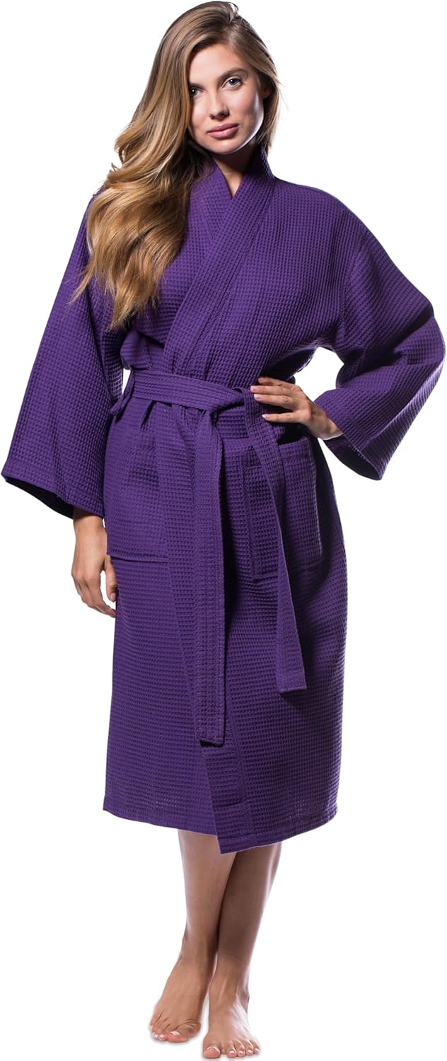 Purple Lightweight Cotton Blend Waffle Kimono Spa Robe S/M