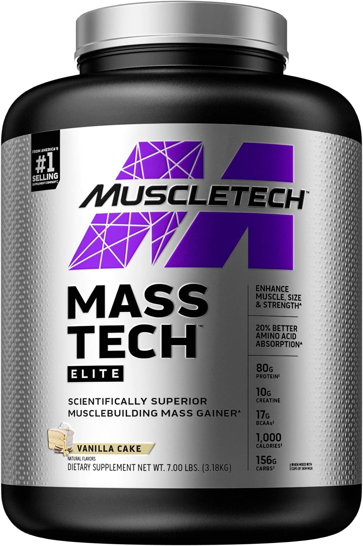 MuscleTech Mass Tech Elite Muscle Building Mass Gainer Enhance Muscle Size & Strength with 20% Better Amino Acid Absorption, Protein, Creatine, BCAAs, Calories & Carbs, Vanilla Cake Flavor 6.00 lbs