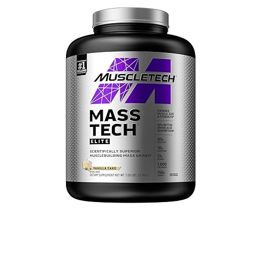 Weight Mass Gainer Protein Powder | MuscleTech Mass-Tech Elite Mass Gainer for Muscle Gain | Whey Protein Powder + Muscle Builder | Creatine Supplements | Vanilla Cake, 7 lbs