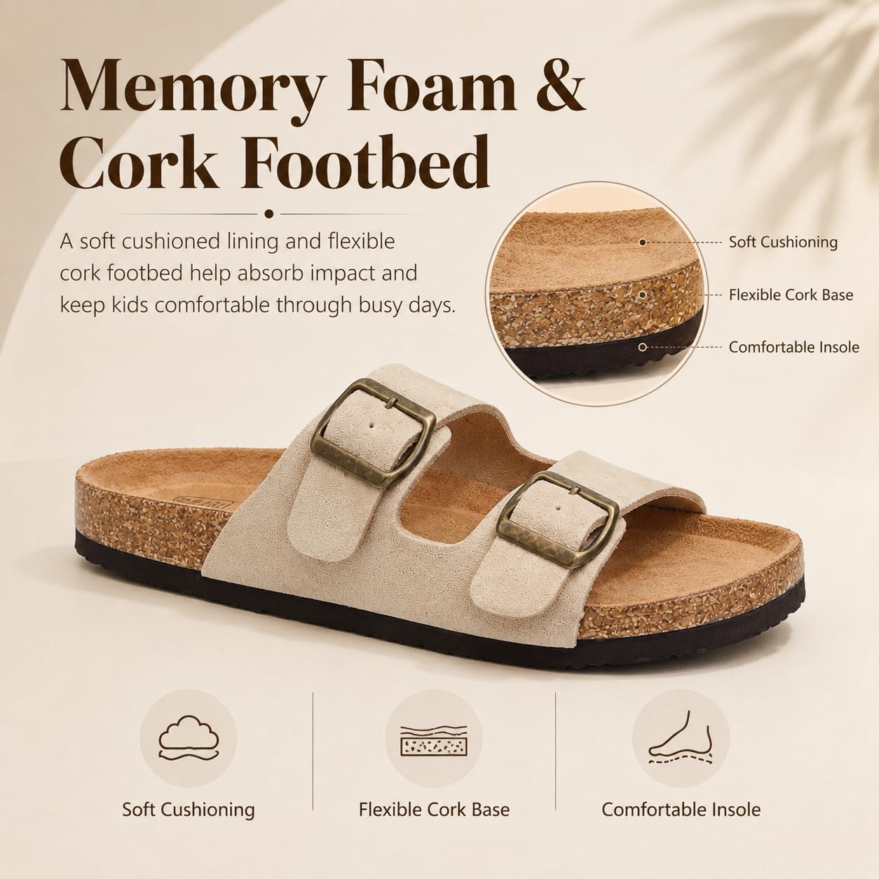 FANTURE Kids Sandals with Arch Support, Genuine Leather Cork Footbed Slide Sandals for Boys Girls, Adjustable Double Strap Lightweight Non Slip Flat Summer Beach Shoes image 3