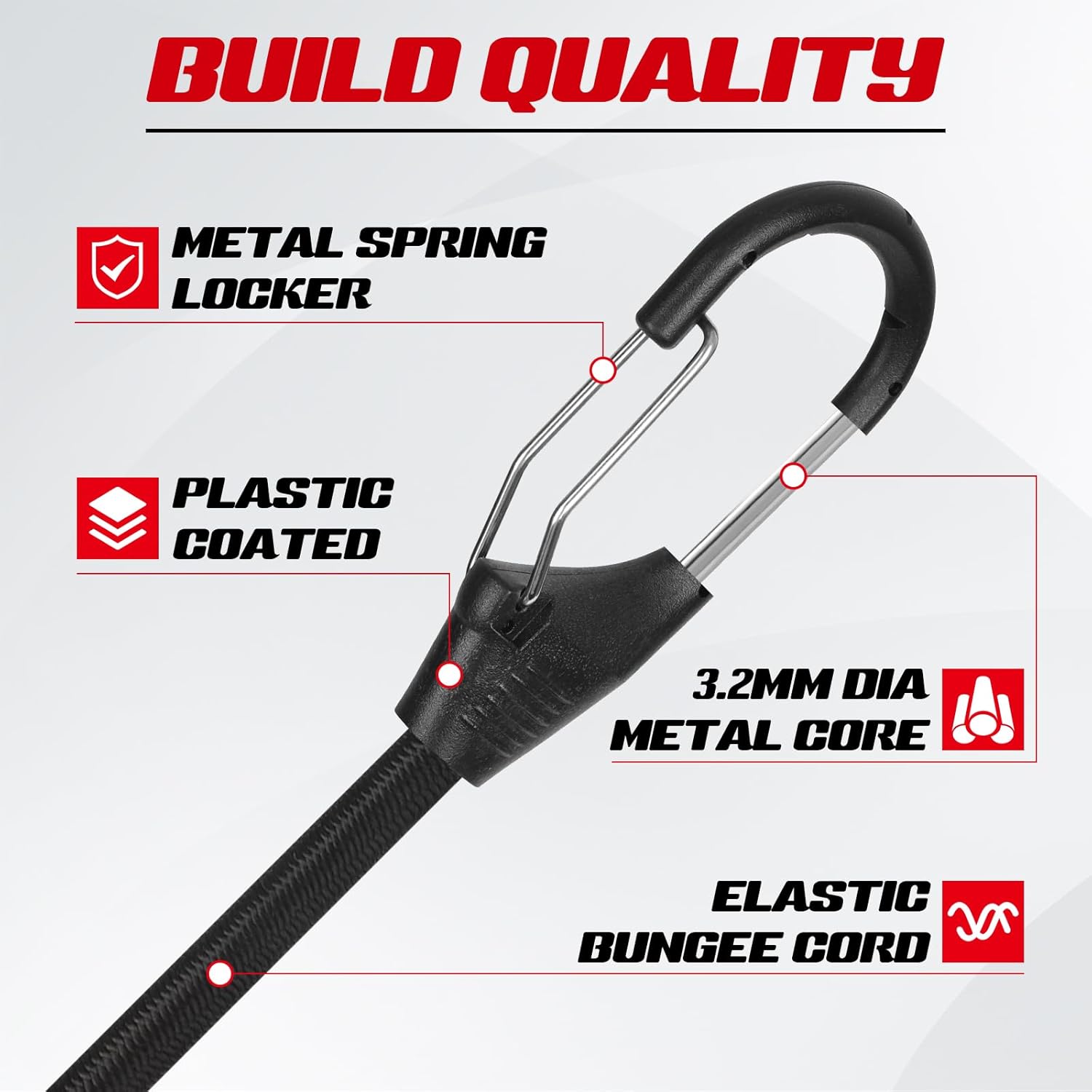 Carabiner Bungee Cords with Hooks 48 inch Black, 4-Piece Package, UV Resistant, High Elastic Natural Rubber Shock Cord