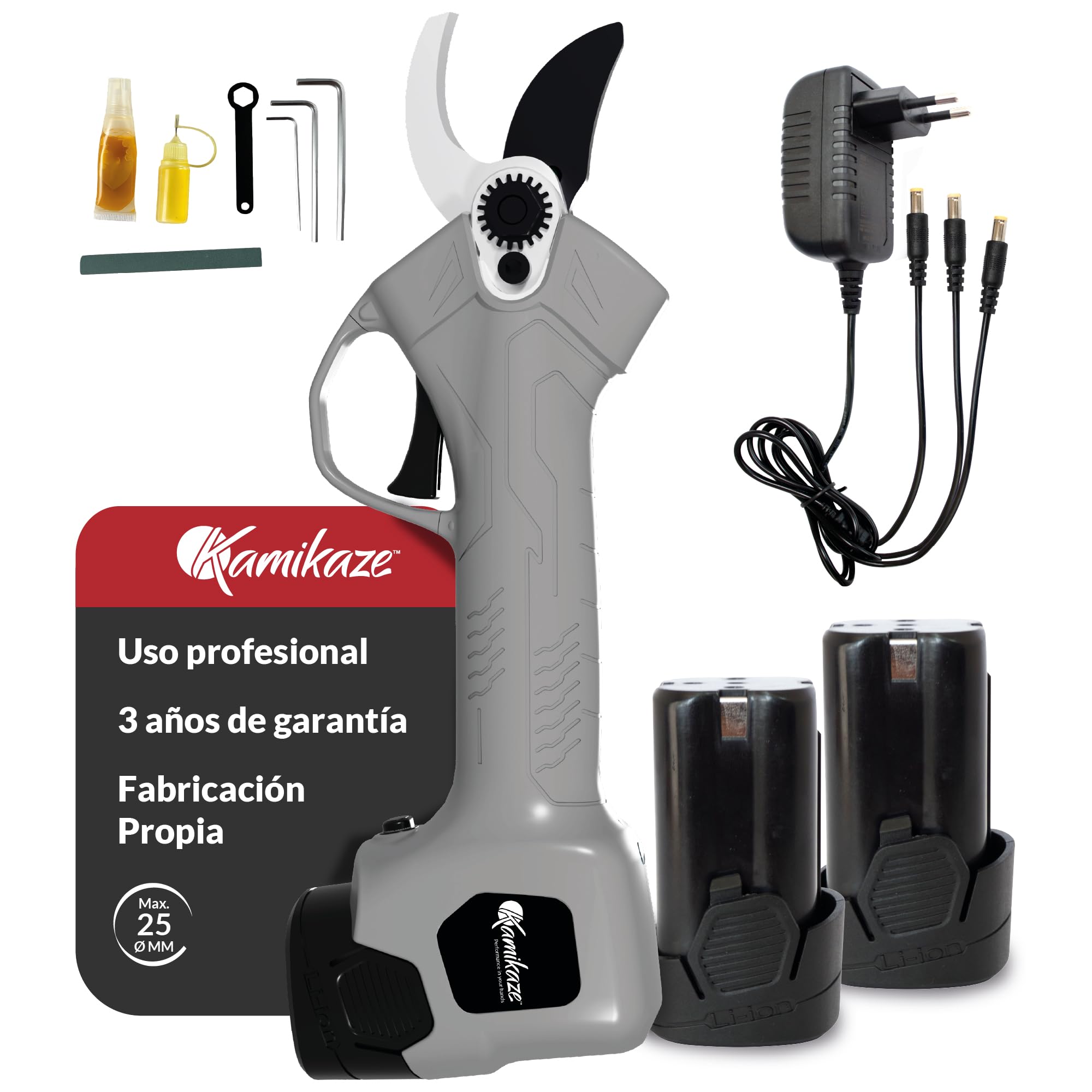 KAMIKAZE KV280 Tijera Eléctrica de Poda Inalámbrica 150W Corte Máximo Ø 25 mm Incluye 2 Baterías Litio de 14V con autonomía de 2500 cortes, Cargador y Kit de Herramientas Diseño Patentado.