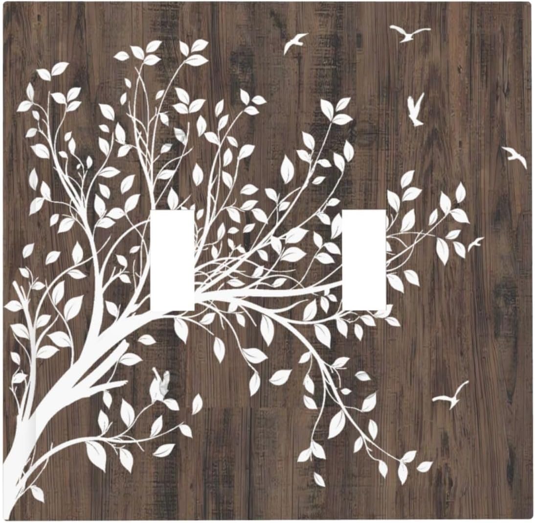 Rustic Wood Tree Light Switch Cover Decorative Farmhouse Brown 2 Gang Double Toggle Wall Plate Switchcover Electrical Faceplate for Kitchen Bathroom Bedroom 5" x 4.9"