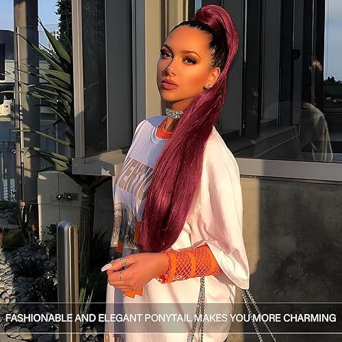 Miniatura 2 de Extensión de cola de caballo larga y recta, cola de caballo con clip, 32 pulgadas, resistente al calor, sintético, cola de caballo color borgoña,